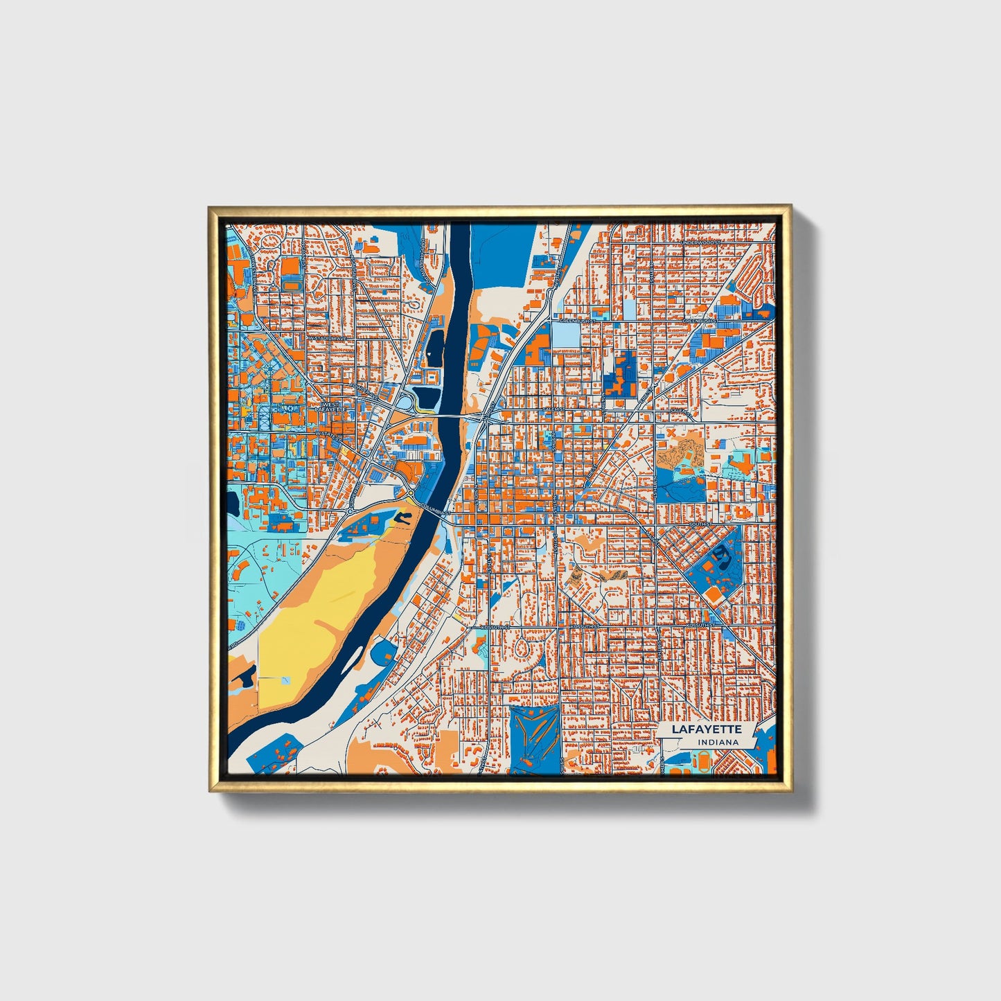 Lafayette Indiana Colorful City Map Canvas Print • Gold Framed