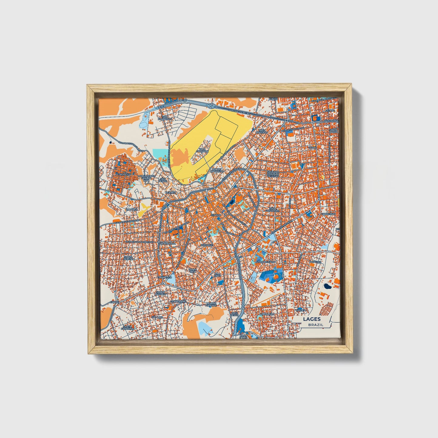 Lages Brazil Colorful City Map Canvas Print • Natural Wooden Framed