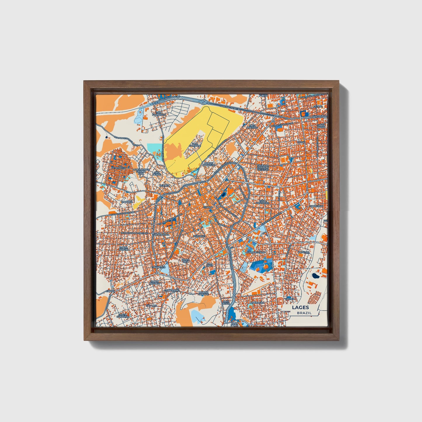 Lages Brazil Colorful City Map Canvas Print • Dark Wooden Framed