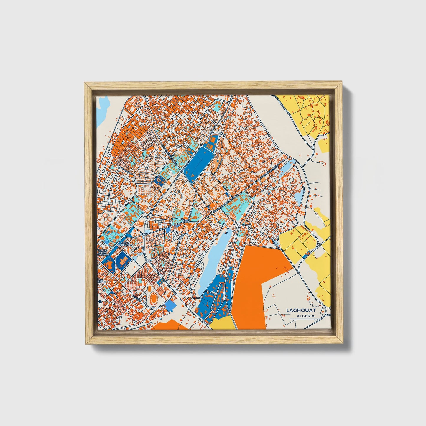 Laghouat Algeria Colorful City Map Canvas Print • Natural Wooden Framed