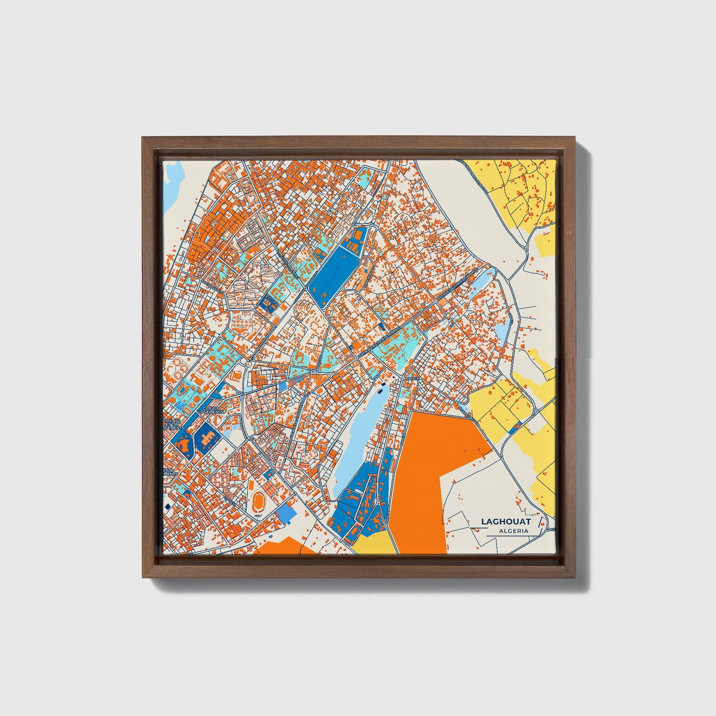 Laghouat Algeria Colorful City Map Canvas Print • Dark Wooden Framed