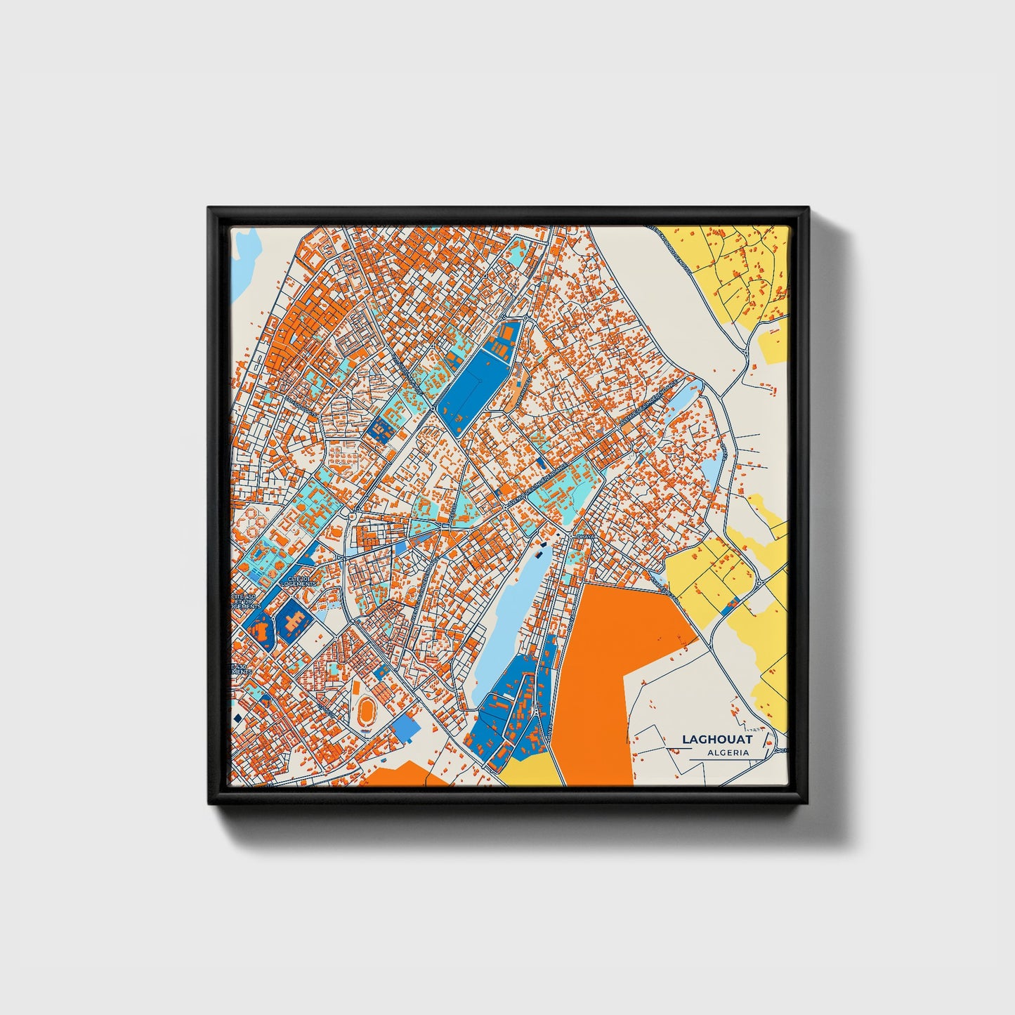 Laghouat Algeria Colorful City Map Canvas Print • Black Framed