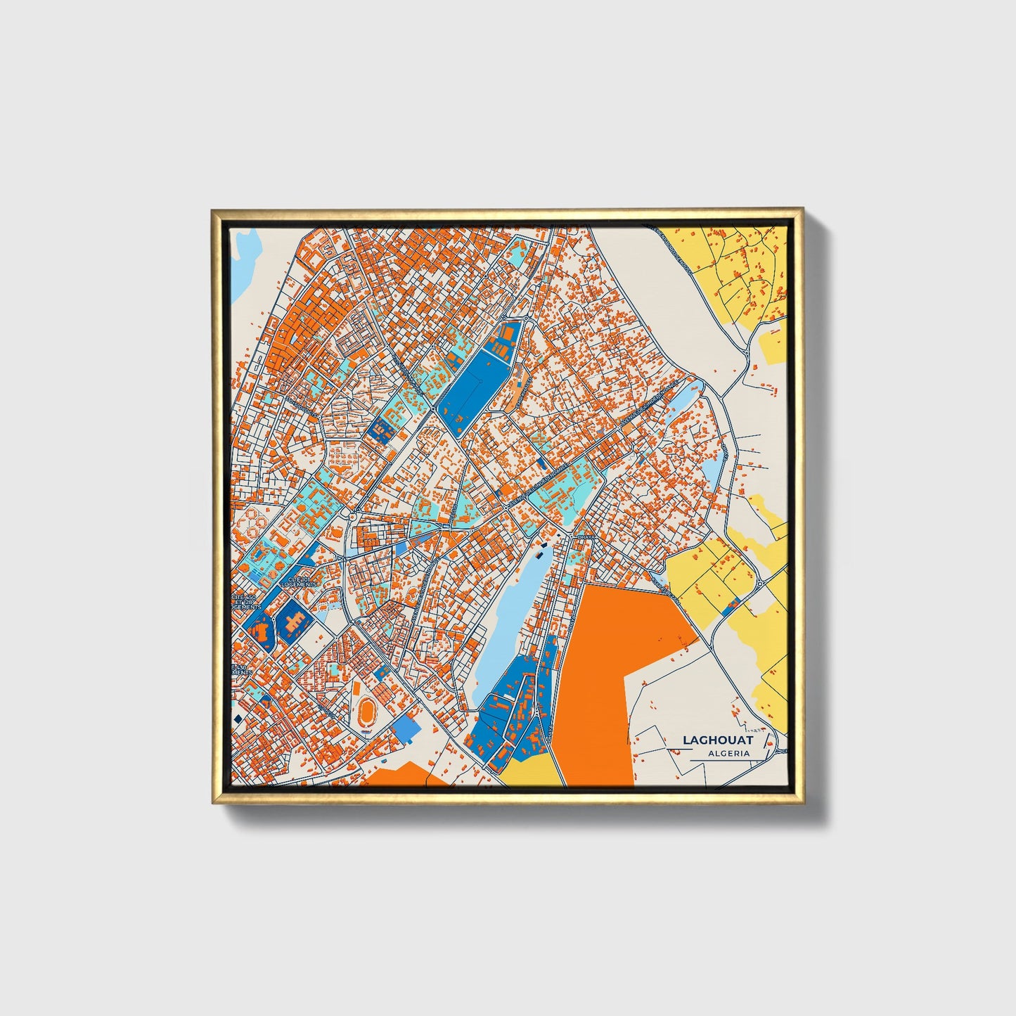 Laghouat Algeria Colorful City Map Canvas Print • Gold Framed