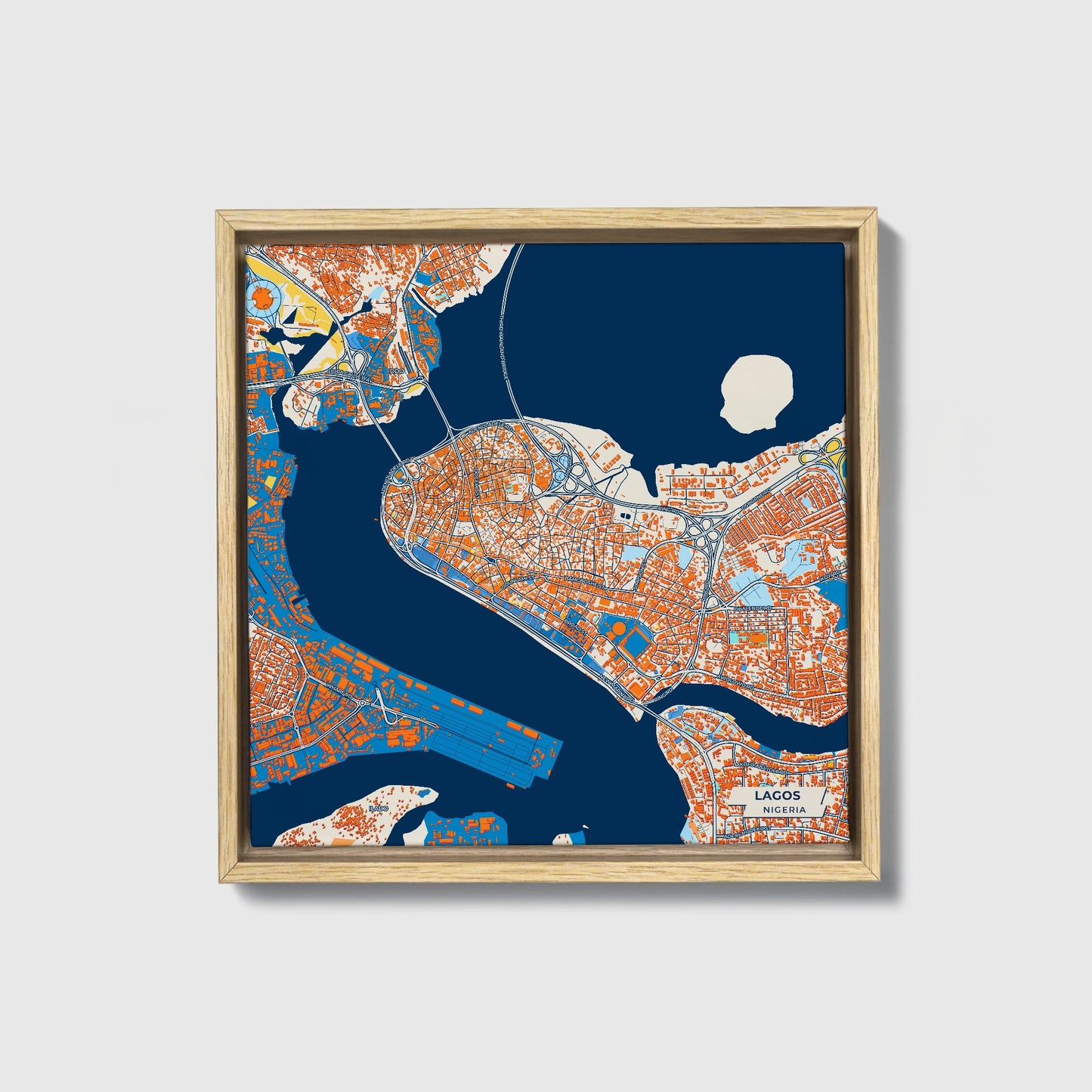 Lagos Nigeria Colorful City Map Canvas Print • Natural Wooden Framed