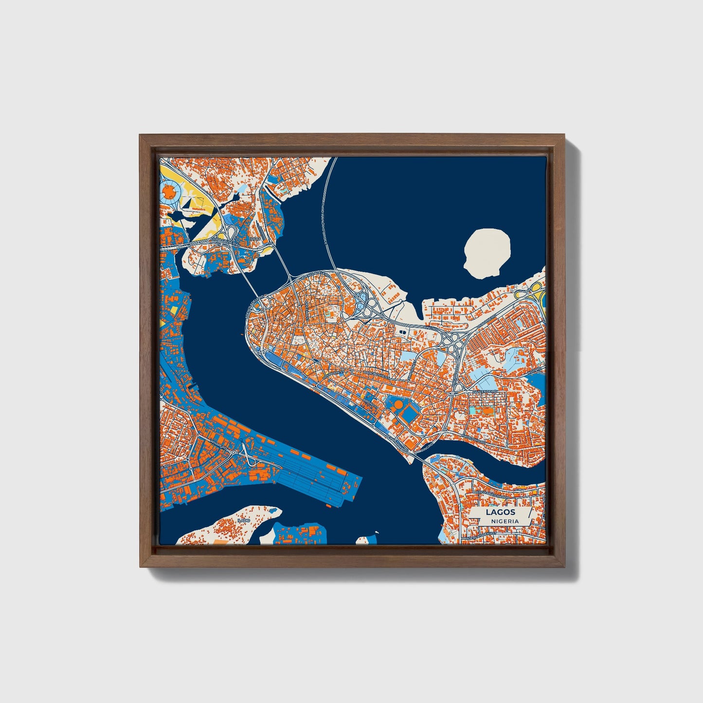 Lagos Nigeria Colorful City Map Canvas Print • Dark Wooden Framed