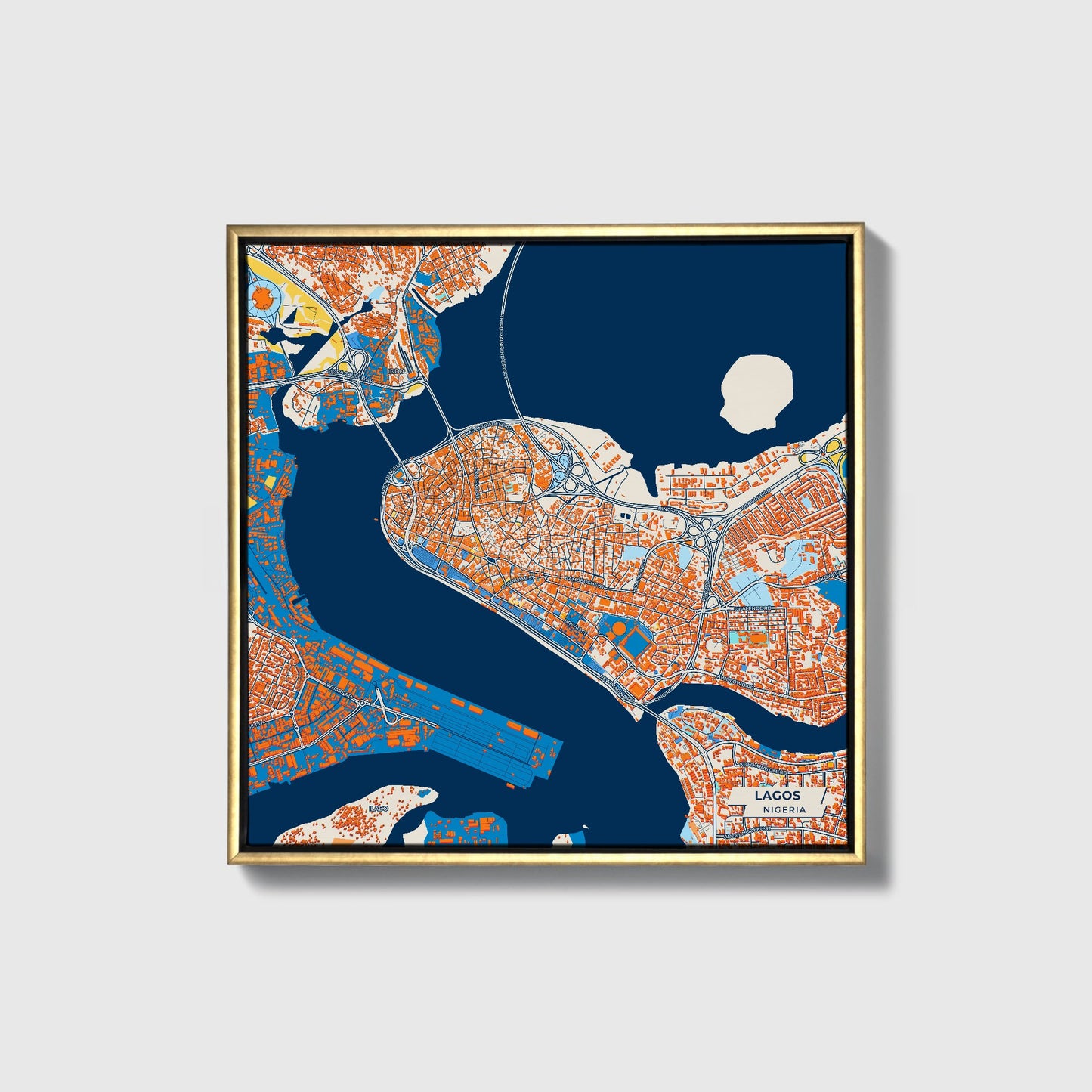 Lagos Nigeria Colorful City Map Canvas Print • Gold Framed
