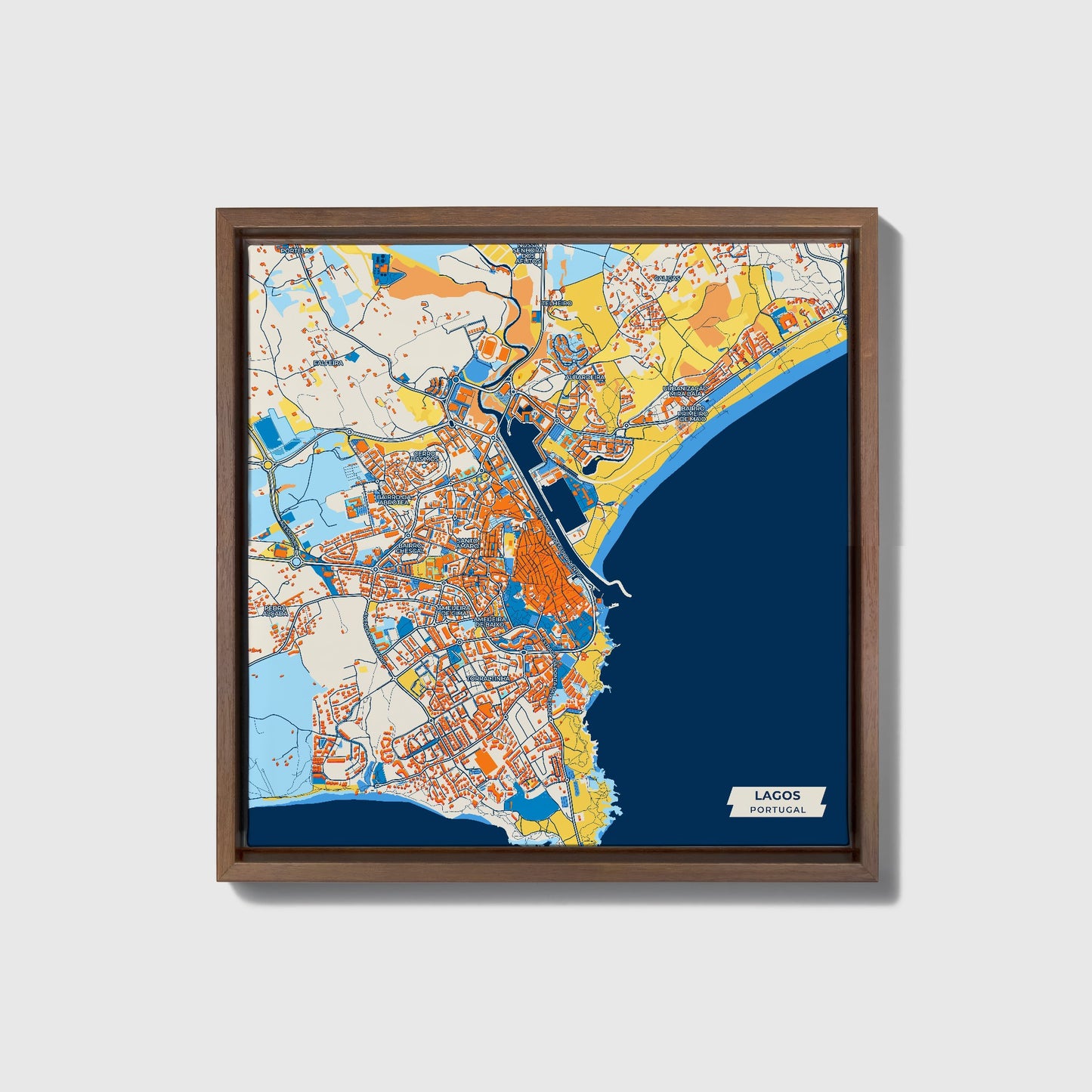 Lagos Portugal Colorful City Map Canvas Print • Dark Wooden Framed
