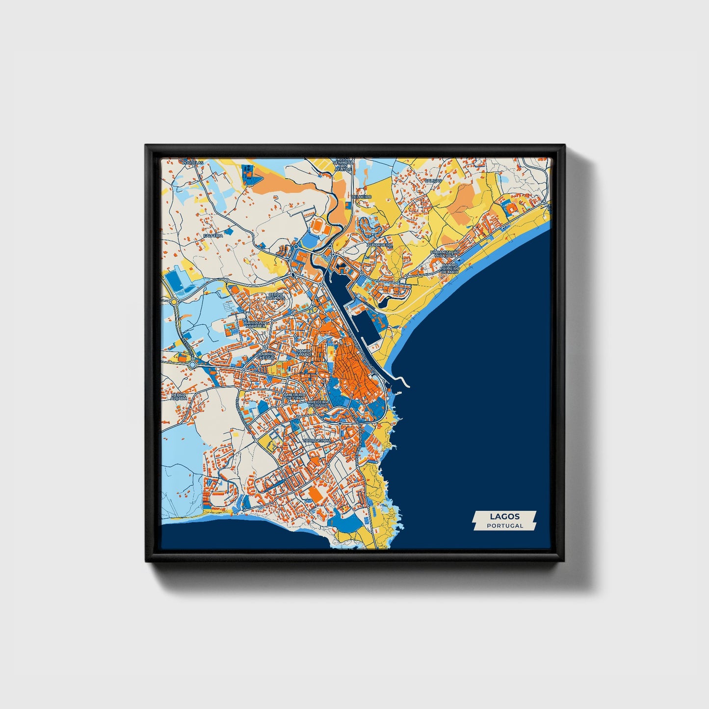 Lagos Portugal Colorful City Map Canvas Print • Black Framed