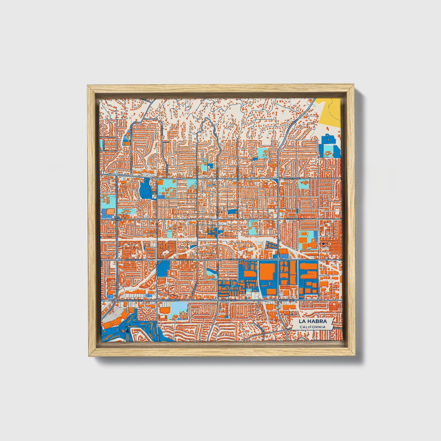 La Habra California Colorful City Map Canvas Print • Natural Wooden Framed