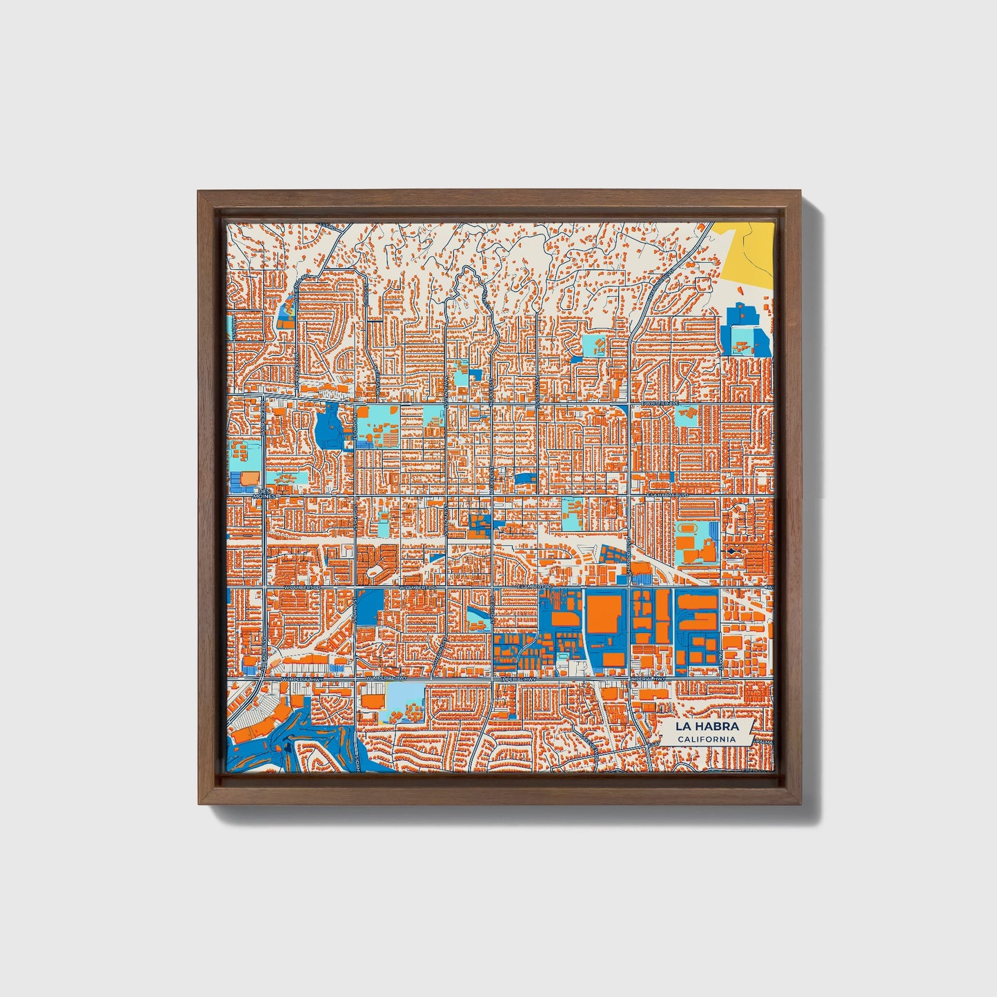 La Habra California Colorful City Map Canvas Print • Dark Wooden Framed