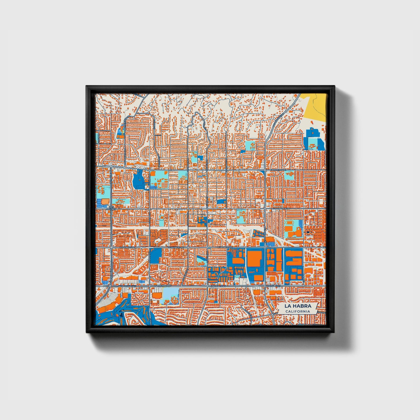 La Habra California Colorful City Map Canvas Print • Black Framed