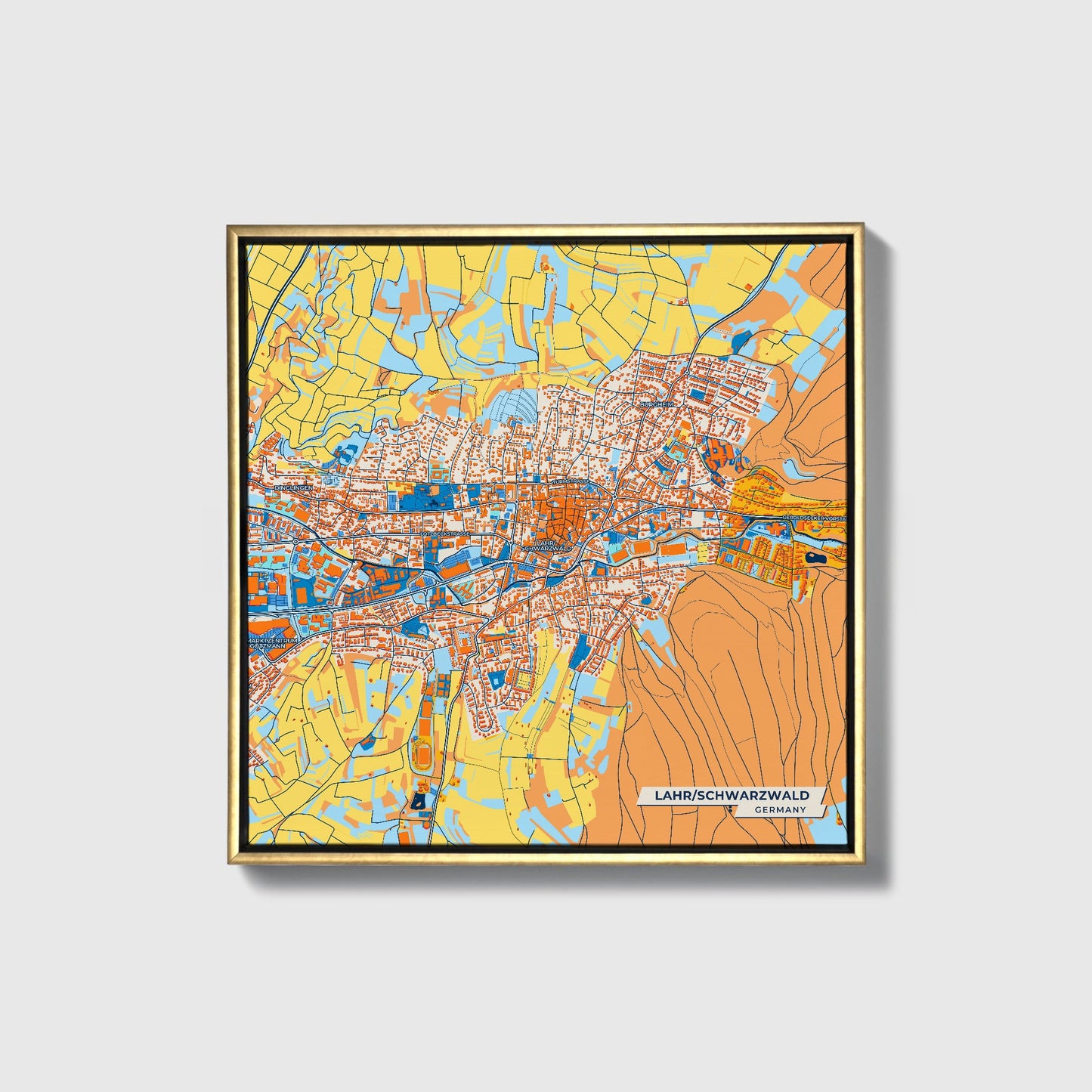 Lahr/Schwarzwald Germany Colorful City Map Canvas Print • Gold Framed