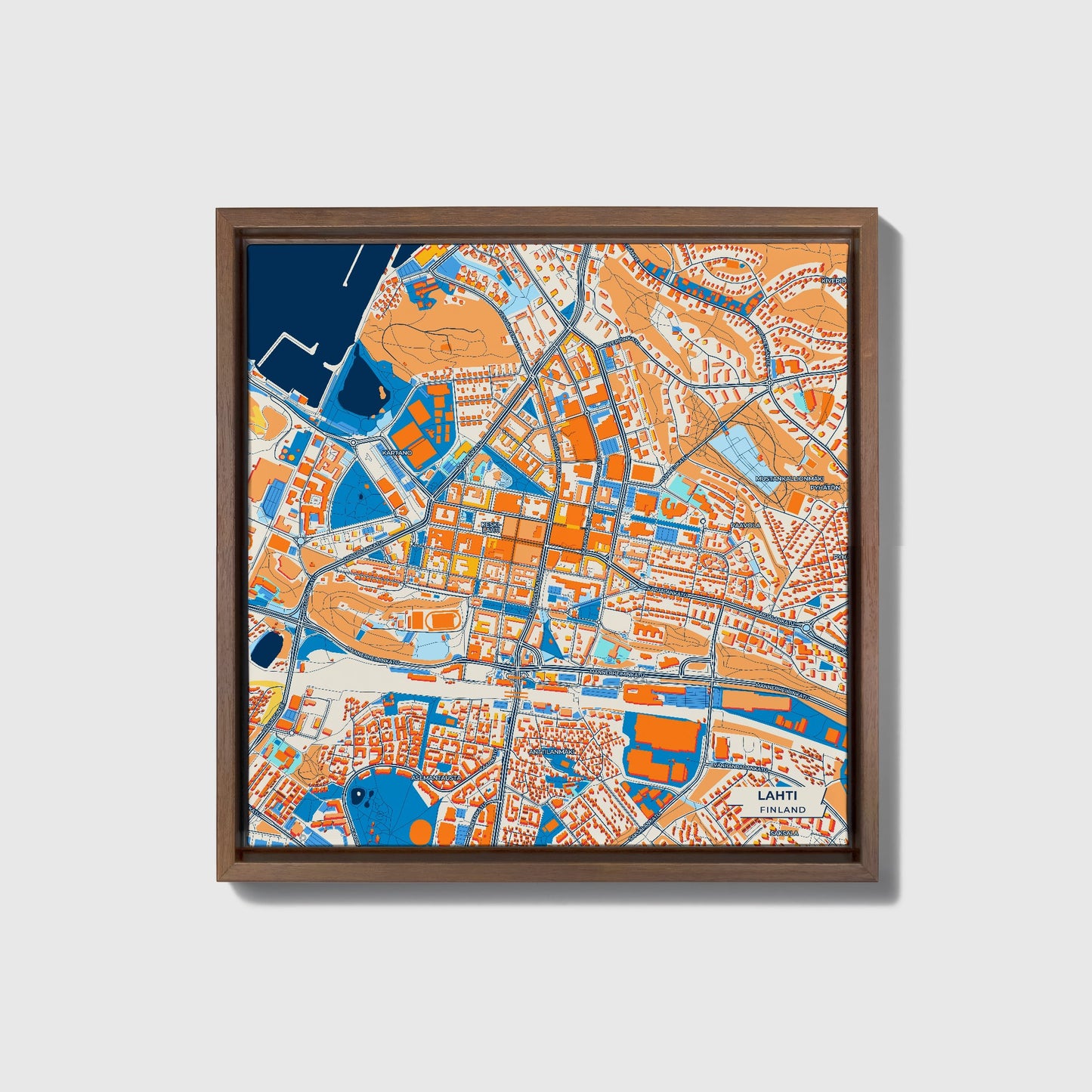 Lahti Finland Colorful City Map Canvas Print • Dark Wooden Framed