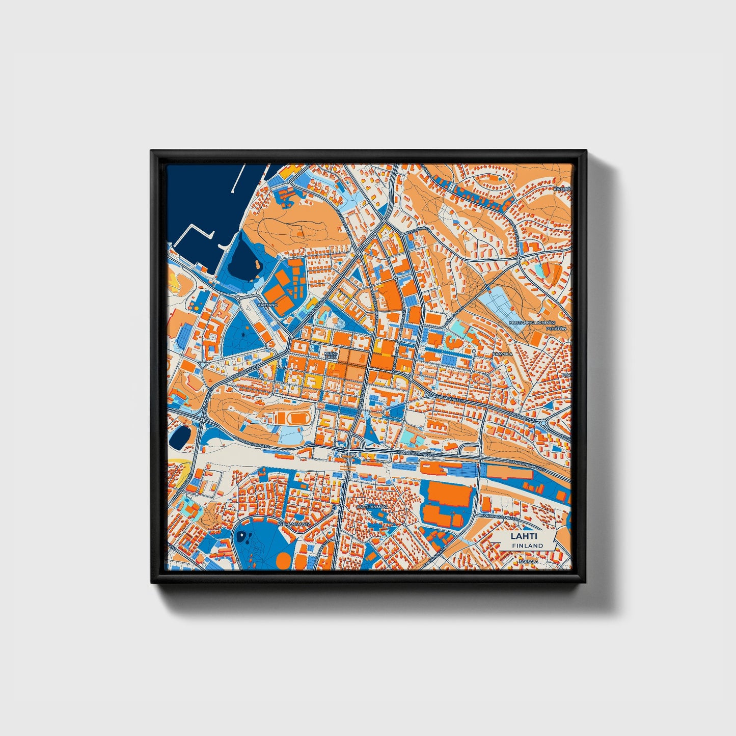 Lahti Finland Colorful City Map Canvas Print • Black Framed