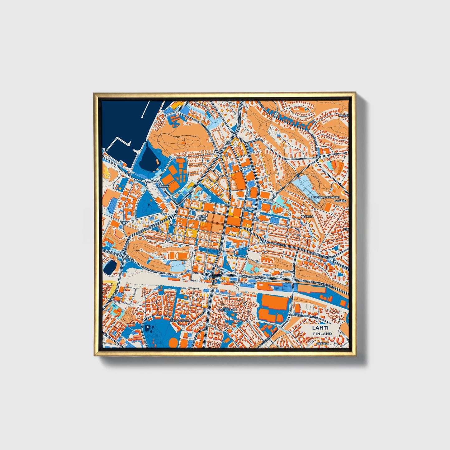 Lahti Finland Colorful City Map Canvas Print • Gold Framed