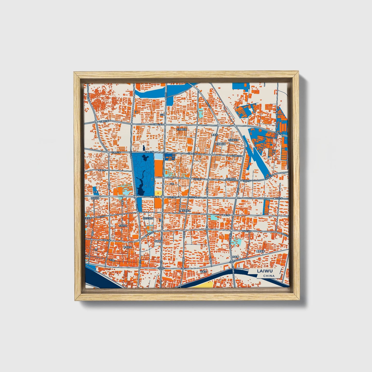 Laiwu China Colorful City Map Canvas Print • Natural Wooden Framed