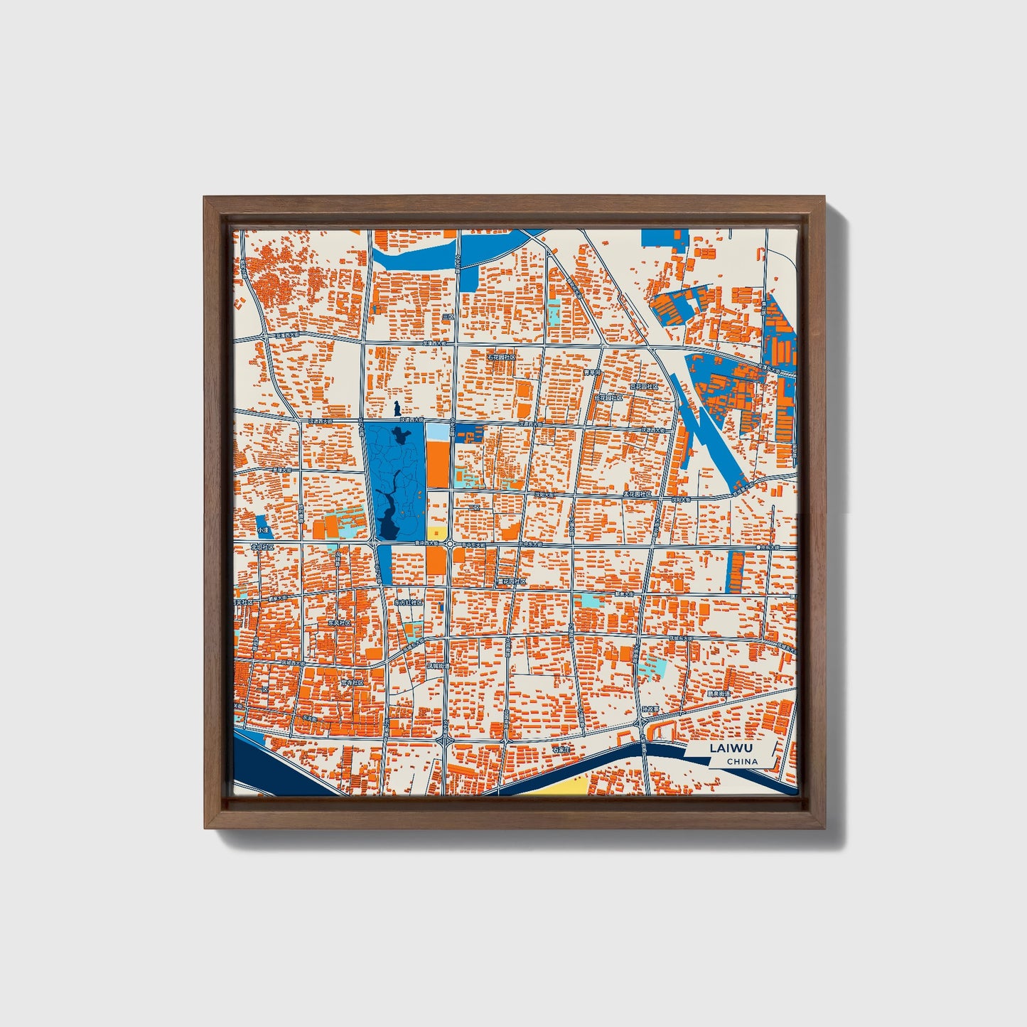 Laiwu China Colorful City Map Canvas Print • Dark Wooden Framed