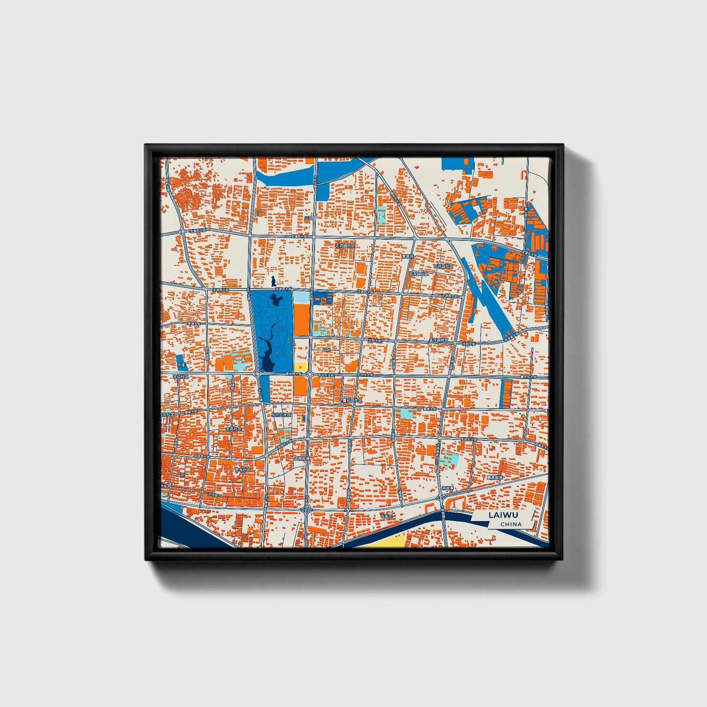Laiwu China Colorful City Map Canvas Print • Black Framed