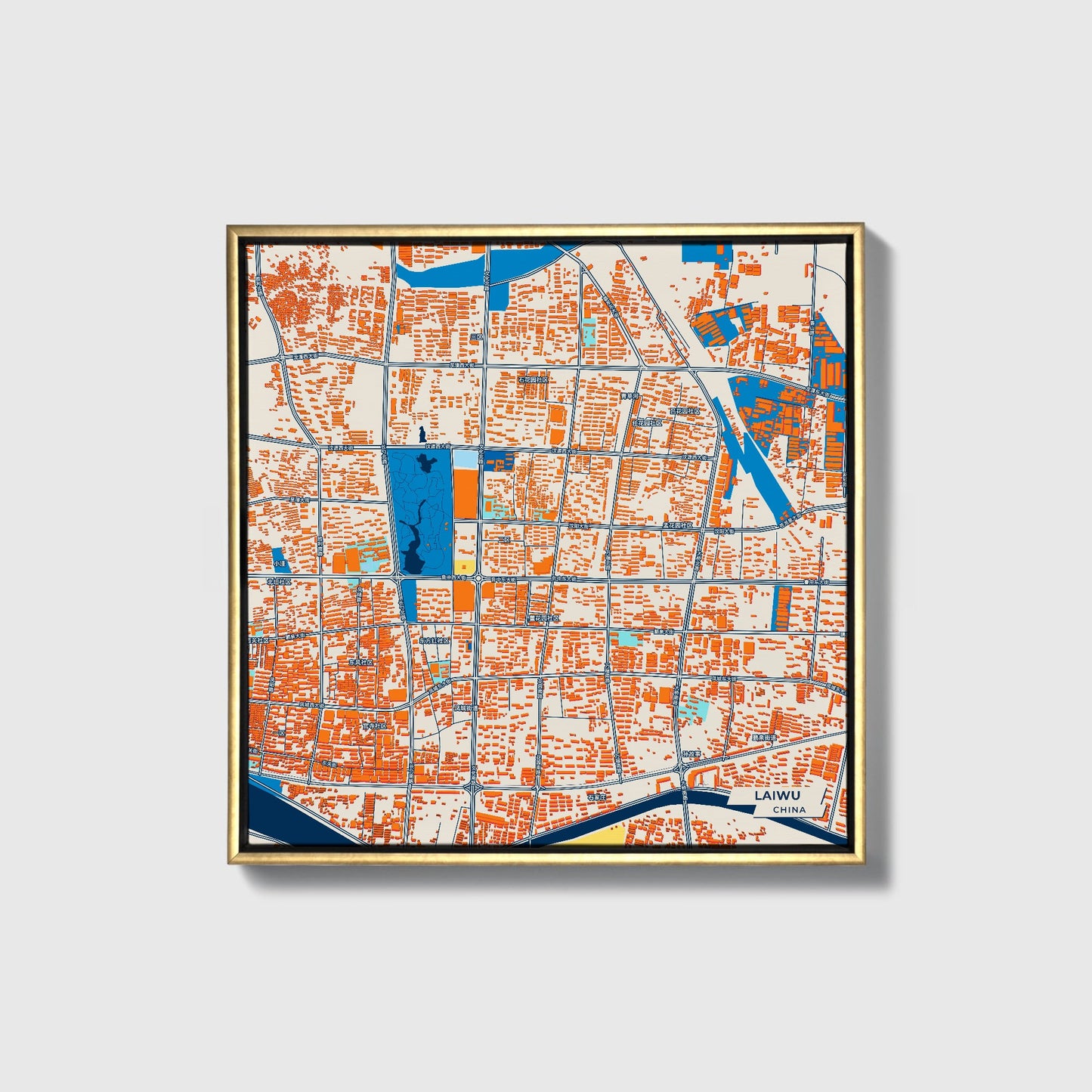 Laiwu China Colorful City Map Canvas Print • Gold Framed