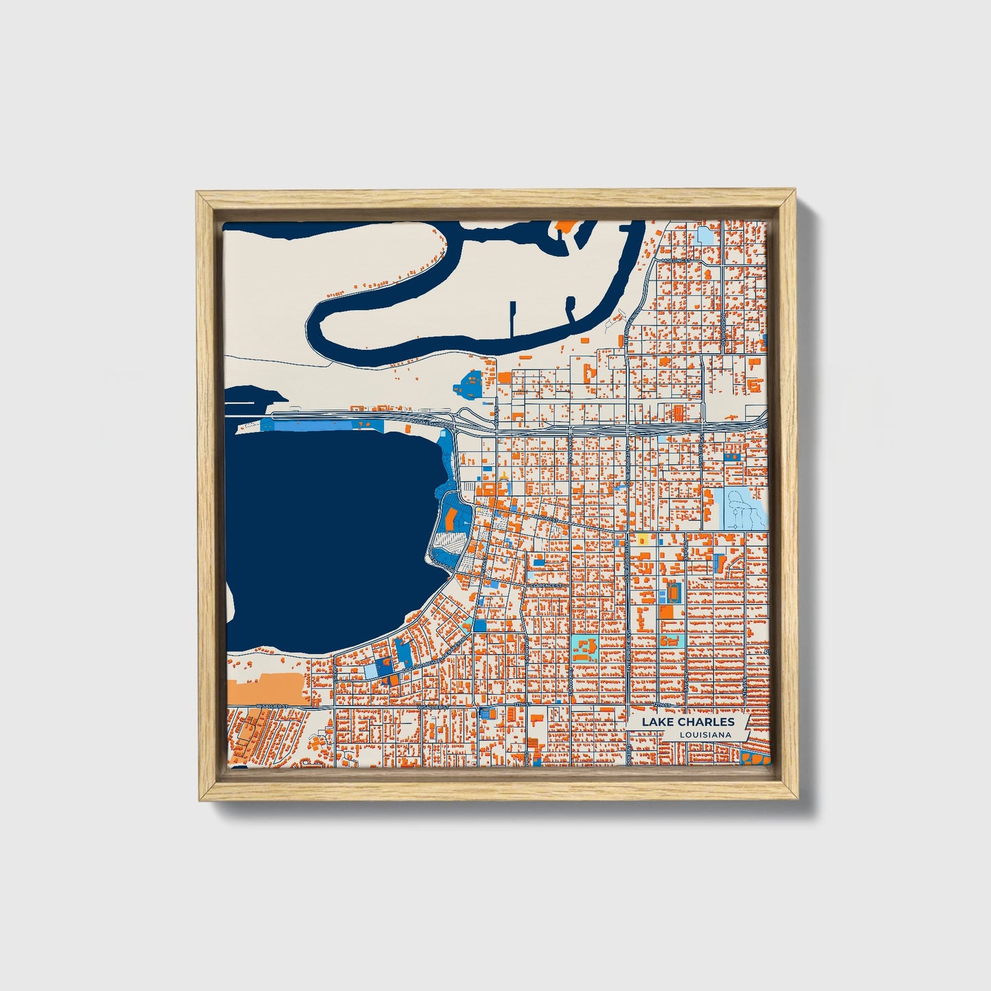Lake Charles Louisiana Colorful City Map Canvas Print • Natural Wooden Framed