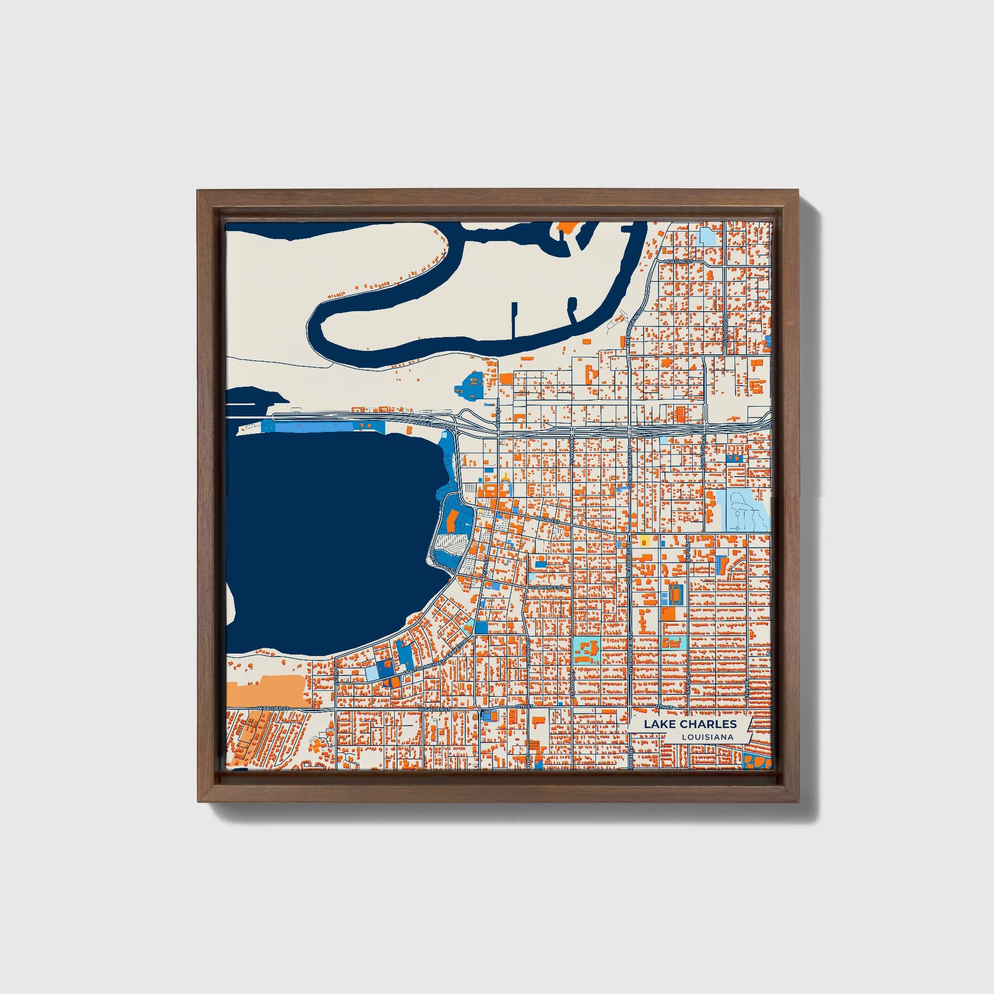 Lake Charles Louisiana Colorful City Map Canvas Print • Dark Wooden Framed