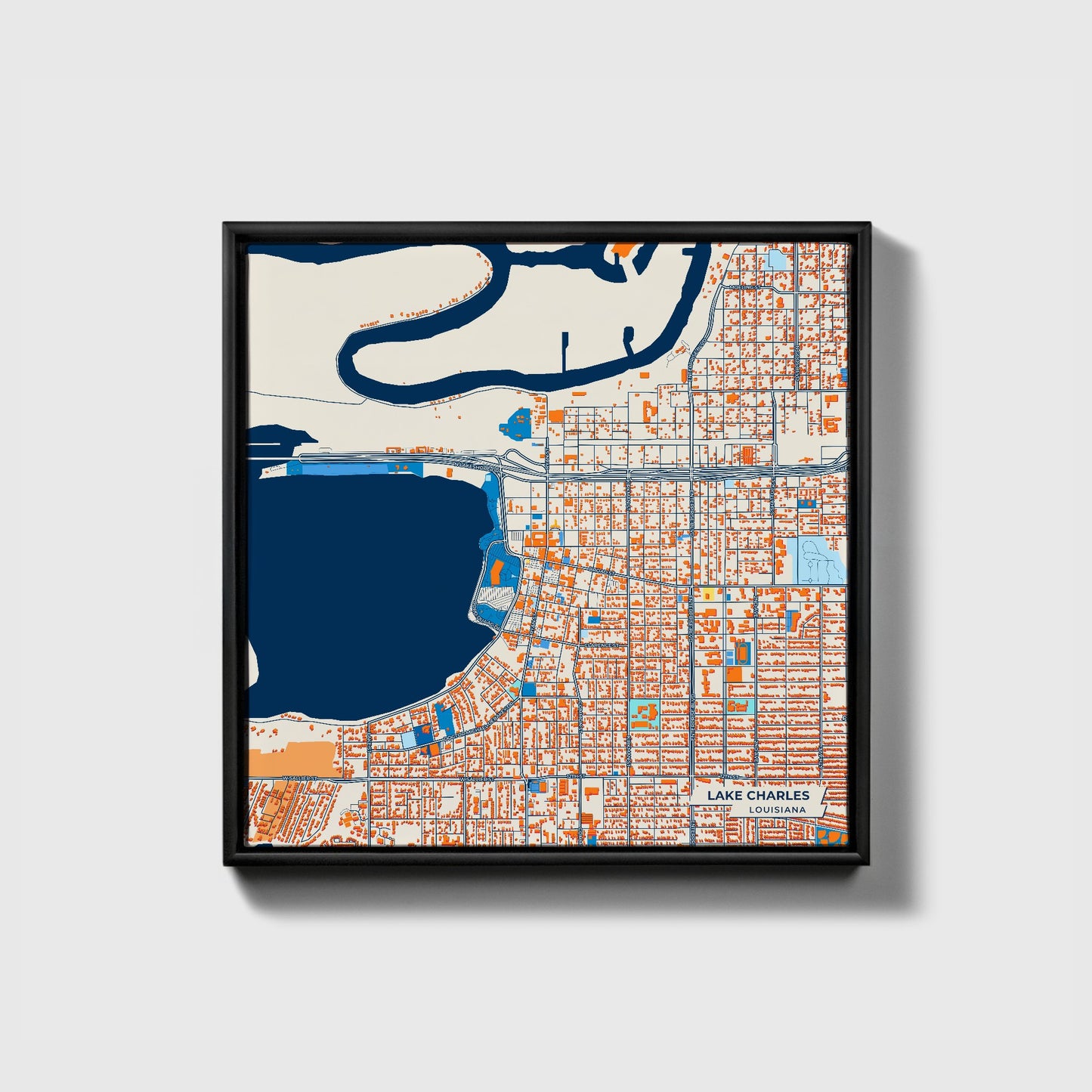 Lake Charles Louisiana Colorful City Map Canvas Print • Black Framed