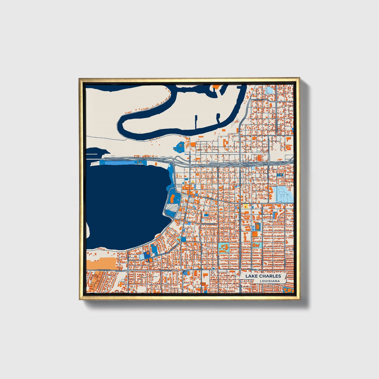 Lake Charles Louisiana Colorful City Map Canvas Print • Gold Framed