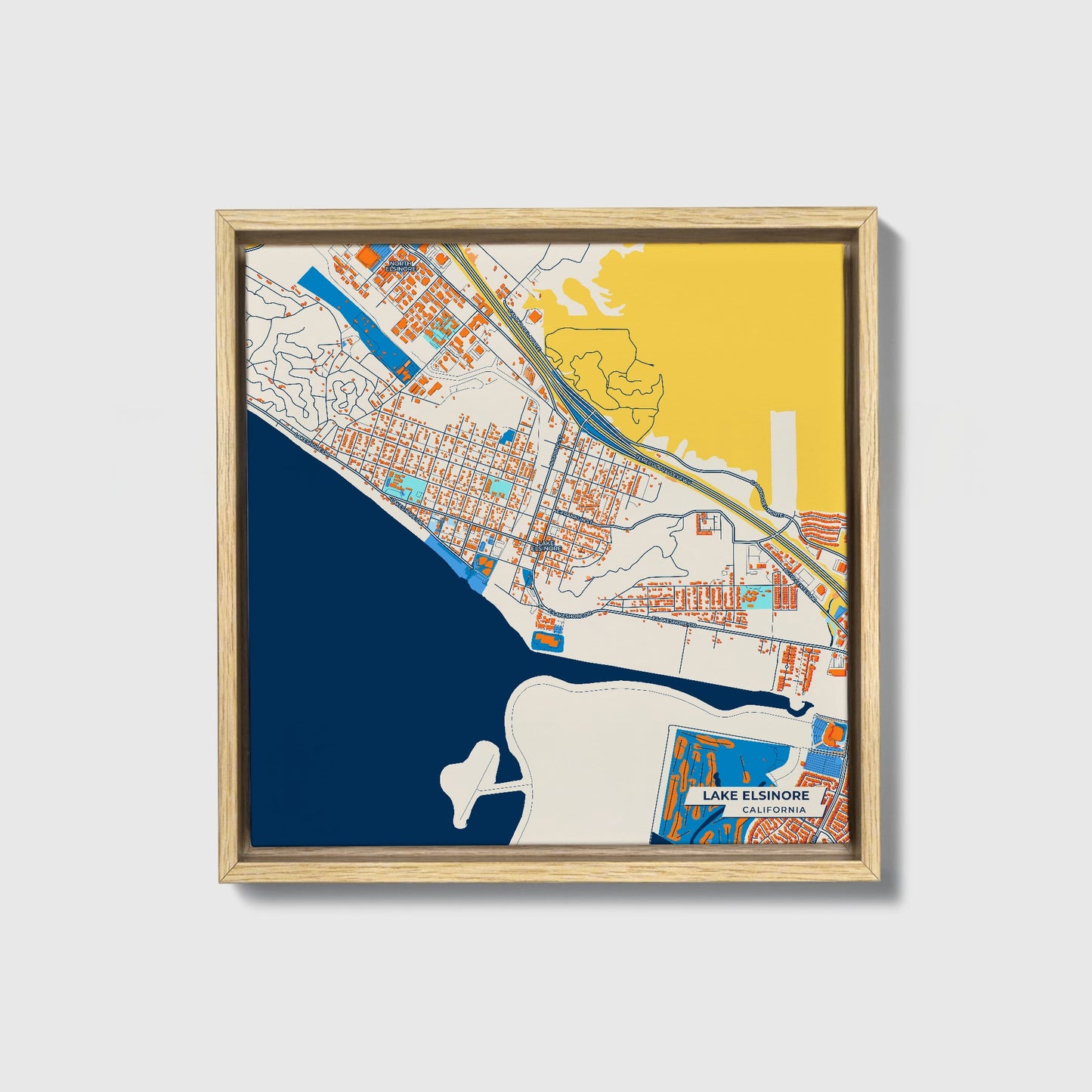 Lake Elsinore California Colorful City Map Canvas Print • Natural Wooden Framed