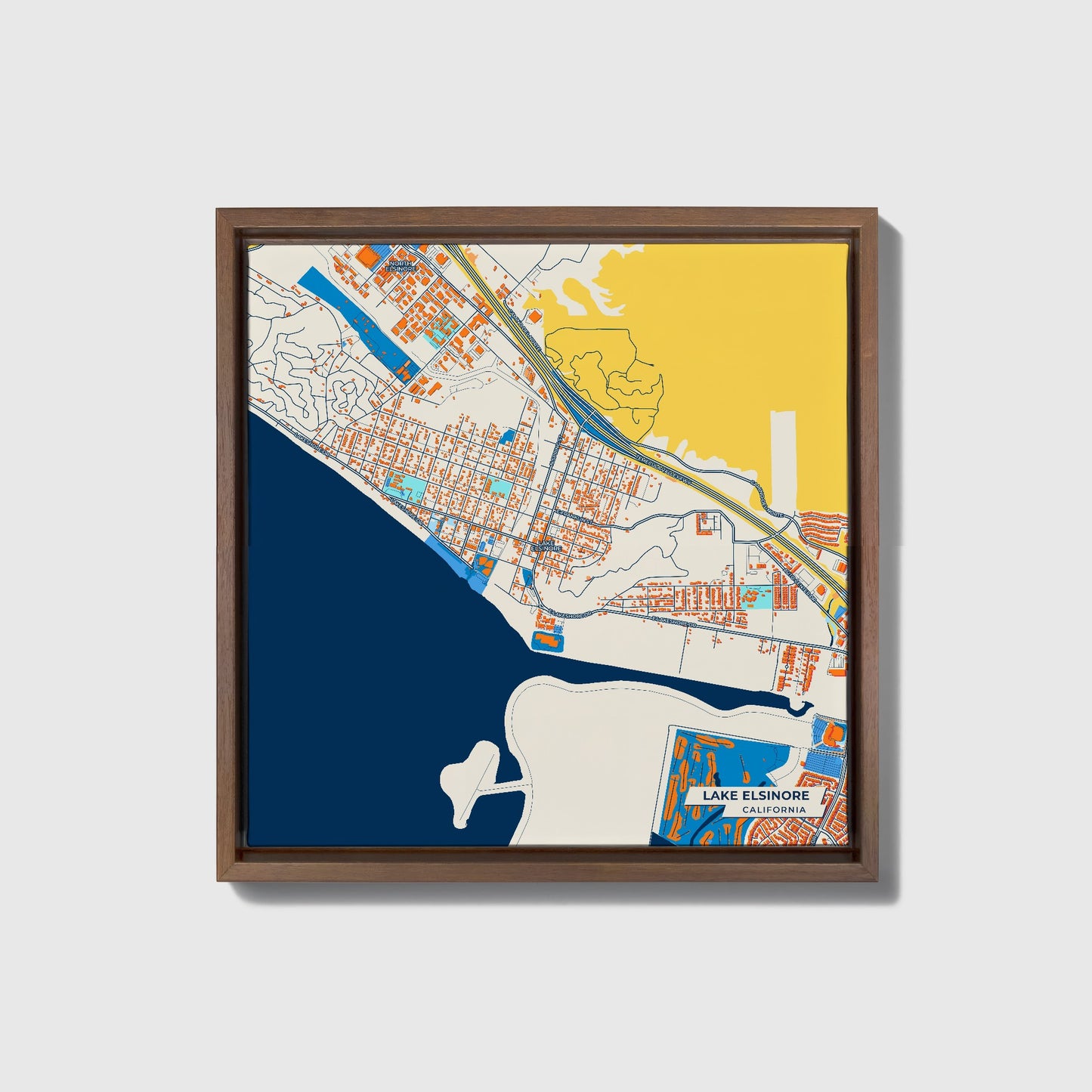 Lake Elsinore California Colorful City Map Canvas Print • Dark Wooden Framed