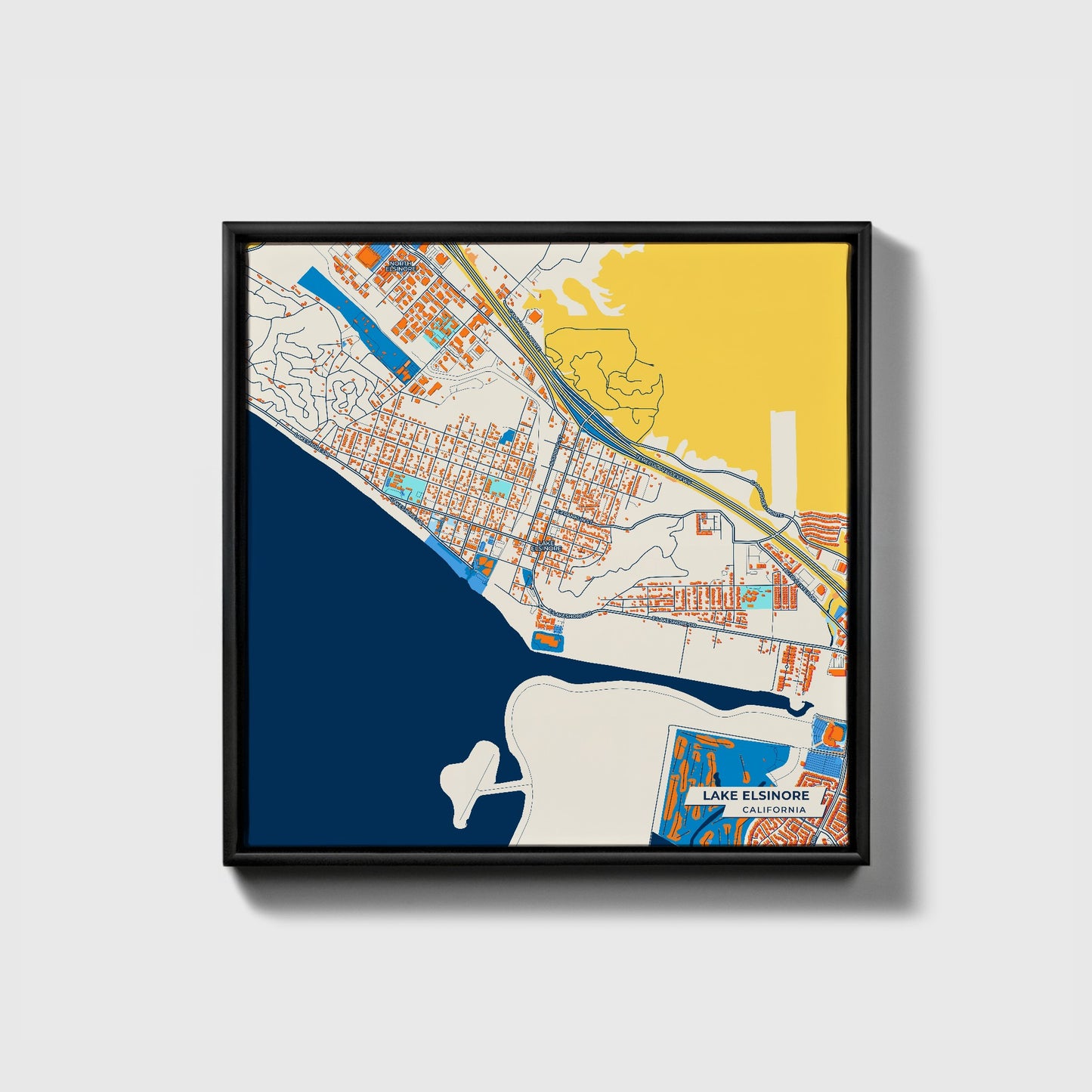 Lake Elsinore California Colorful City Map Canvas Print • Black Framed