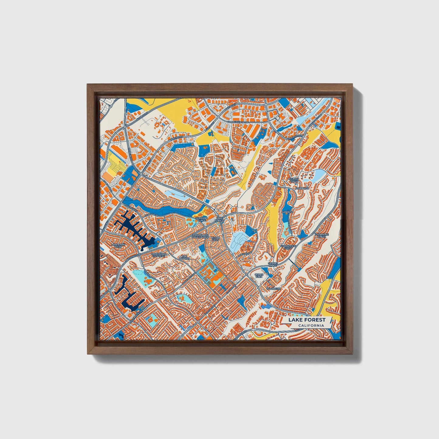 Lake Forest California Colorful City Map Canvas Print • Dark Wooden Framed