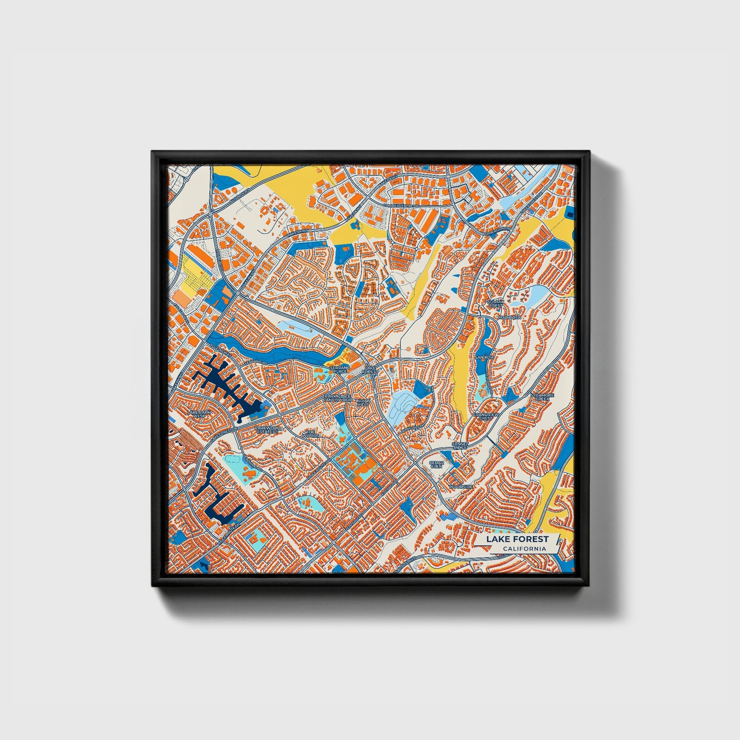 Lake Forest California Colorful City Map Canvas Print • Black Framed