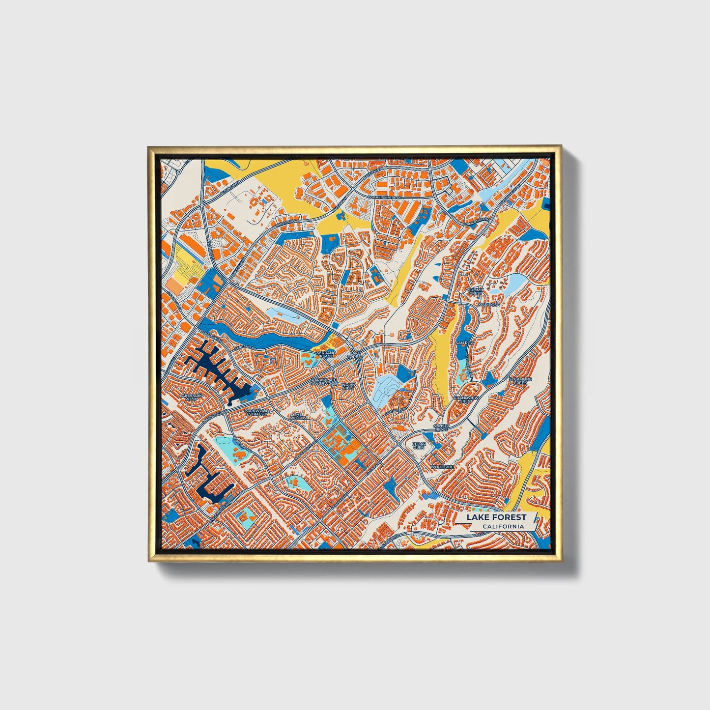 Lake Forest California Colorful City Map Canvas Print • Gold Framed