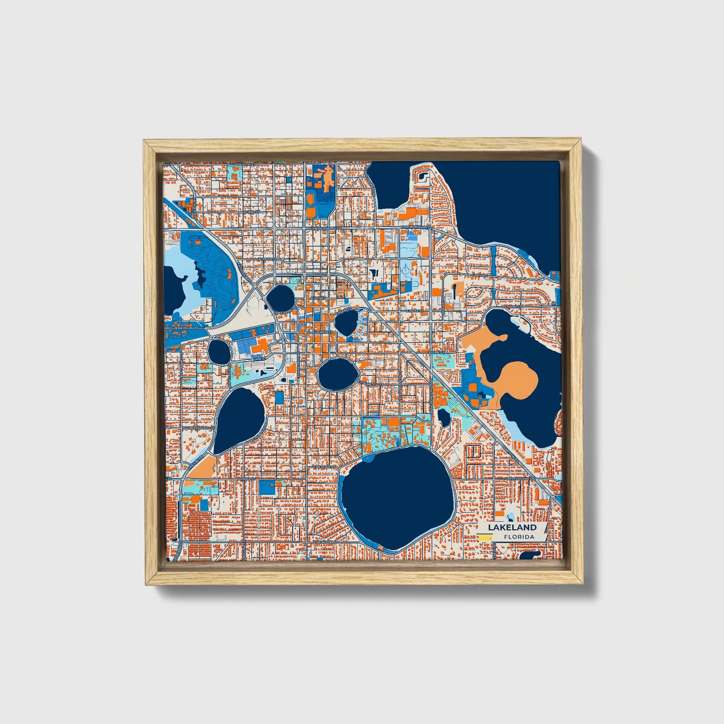 Lakeland Florida Colorful City Map Canvas Print • Natural Wooden Framed