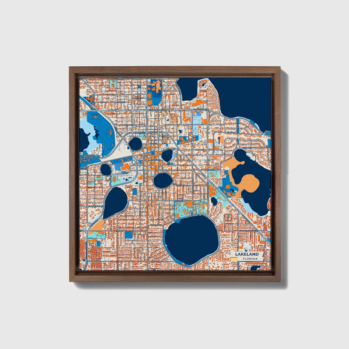 Lakeland Florida Colorful City Map Canvas Print • Dark Wooden Framed