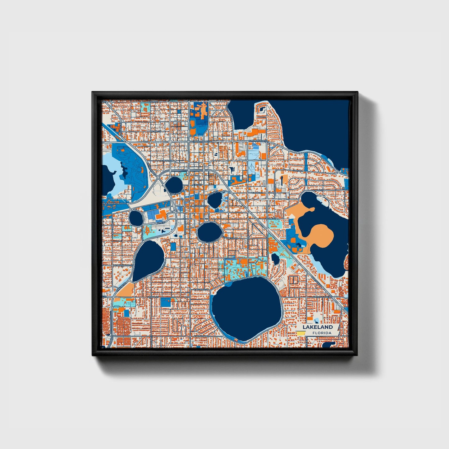 Lakeland Florida Colorful City Map Canvas Print • Black Framed