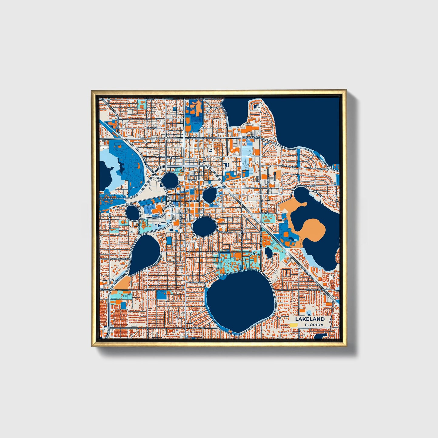 Lakeland Florida Colorful City Map Canvas Print • Gold Framed