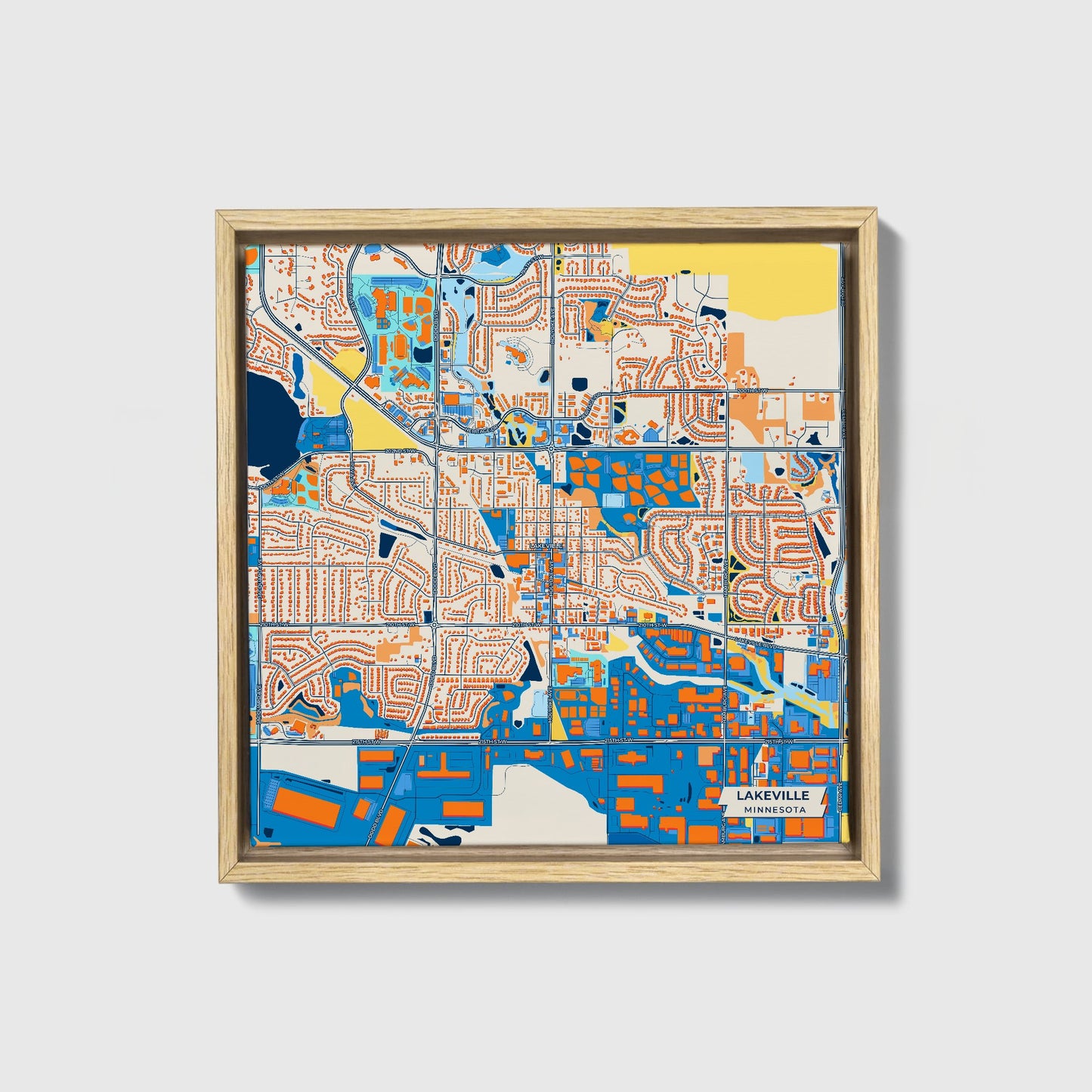 Lakeville Minnesota Colorful City Map Canvas Print • Natural Wooden Framed