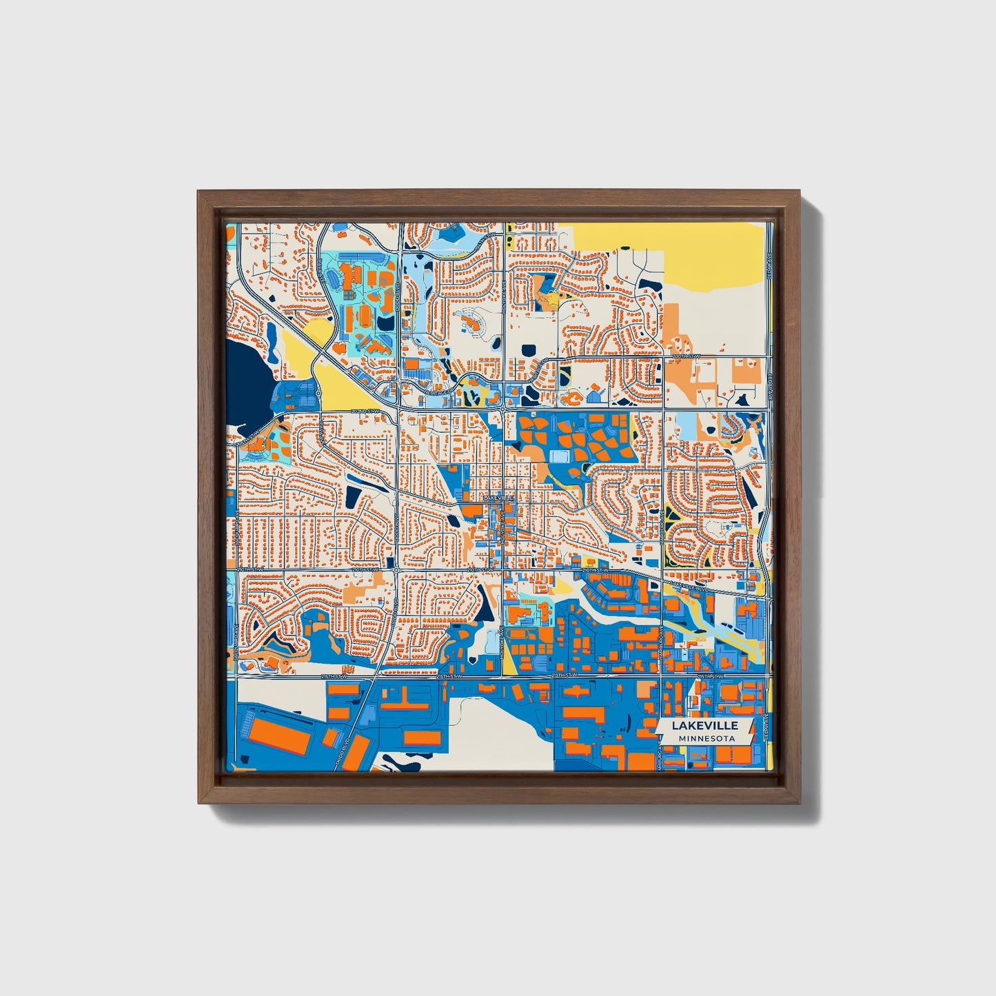 Lakeville Minnesota Colorful City Map Canvas Print • Dark Wooden Framed