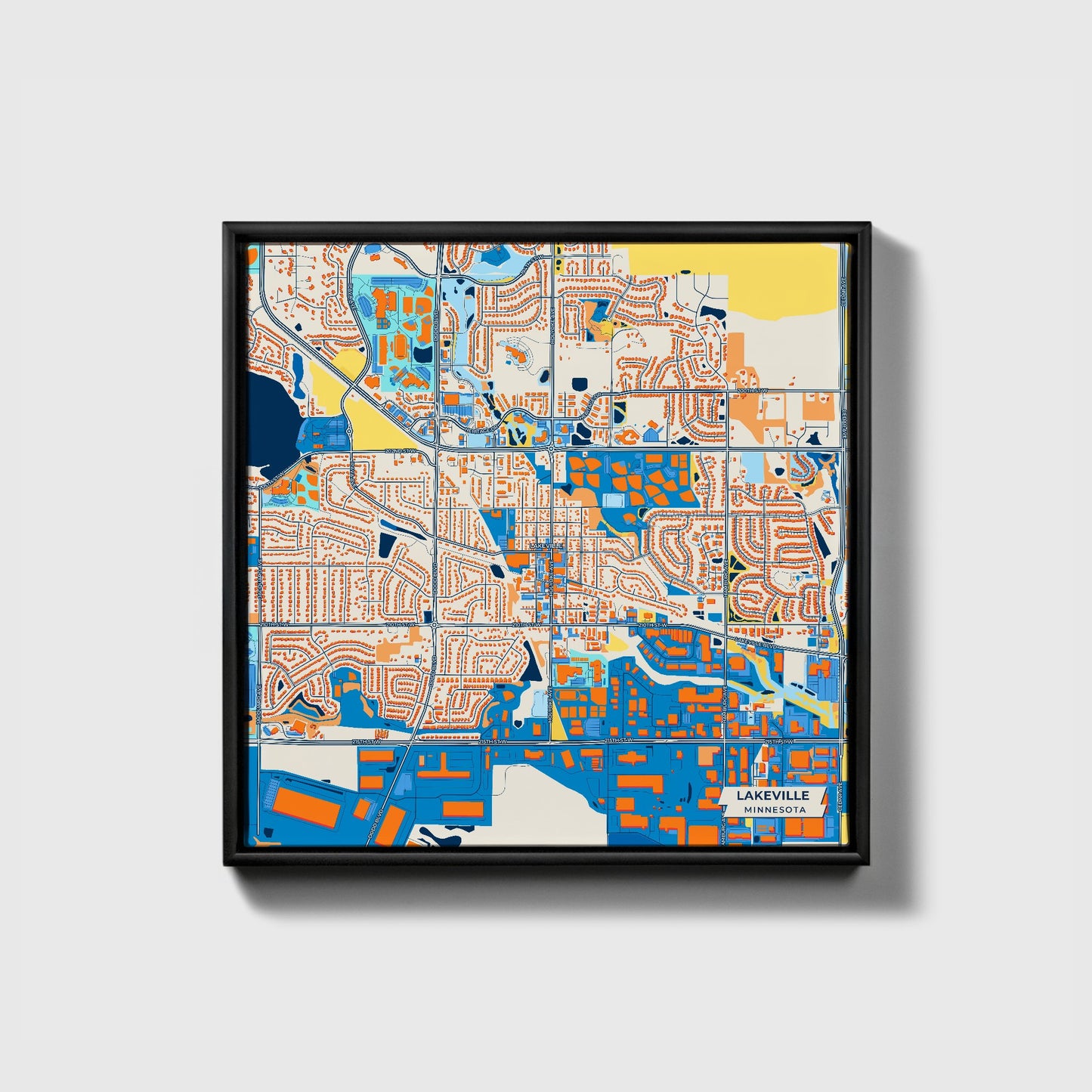 Lakeville Minnesota Colorful City Map Canvas Print • Black Framed