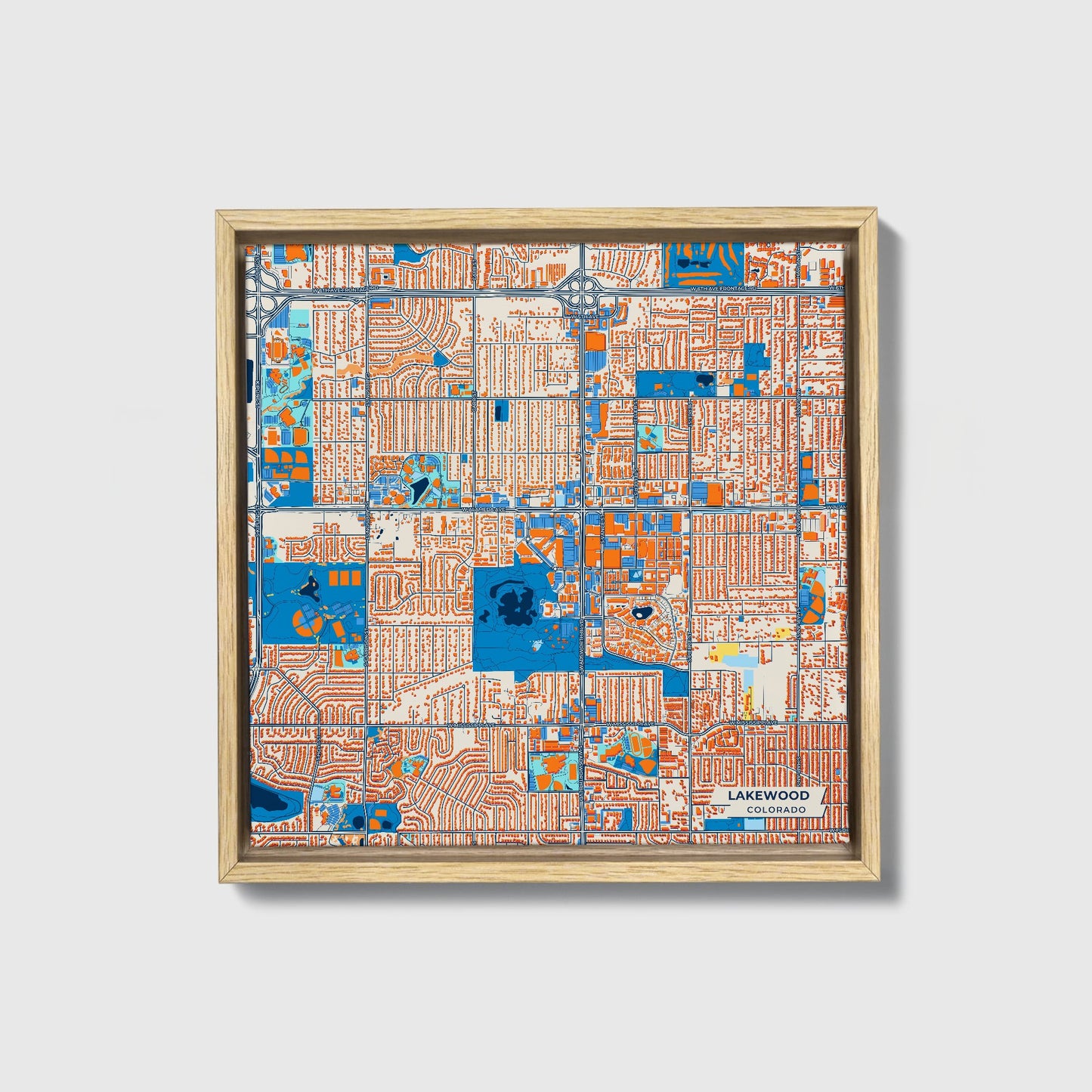 Lakewood Colorado Colorful City Map Canvas Print • Natural Wooden Framed