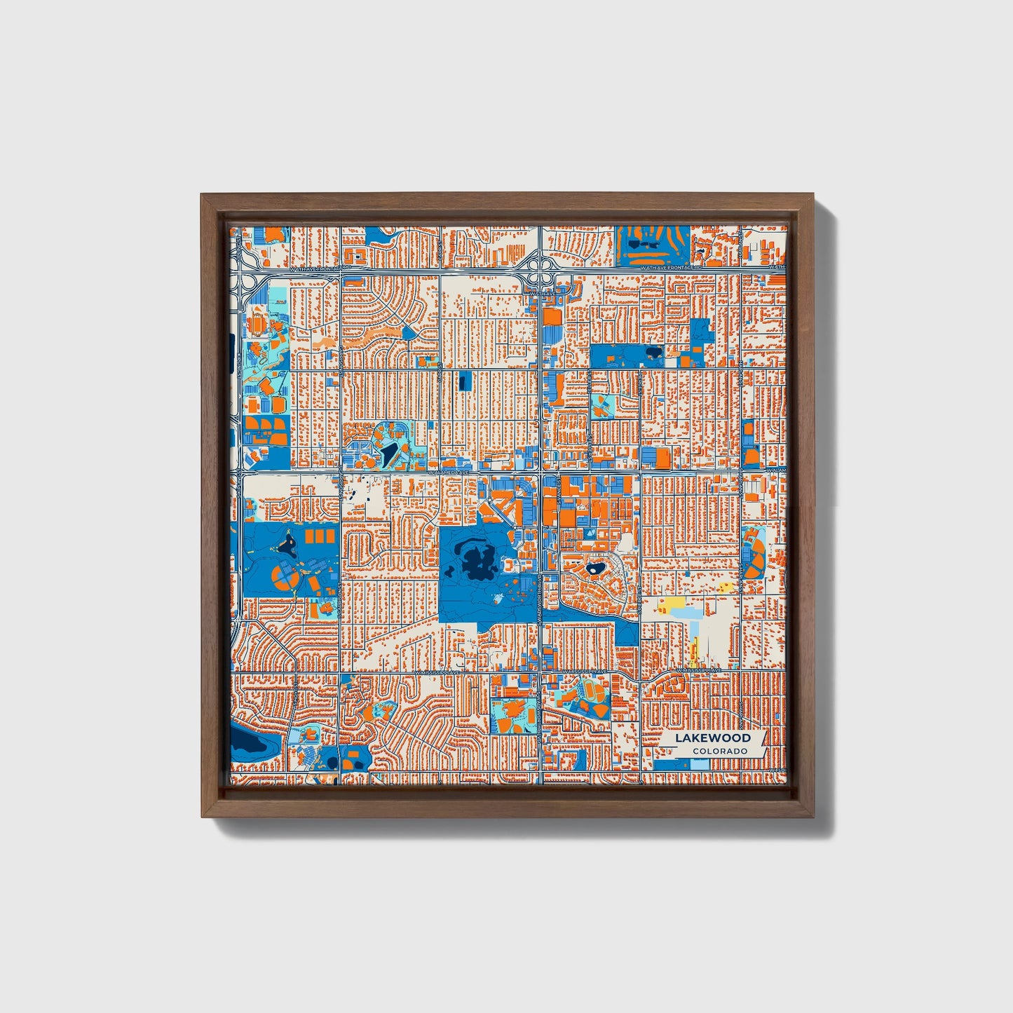 Lakewood Colorado Colorful City Map Canvas Print • Dark Wooden Framed