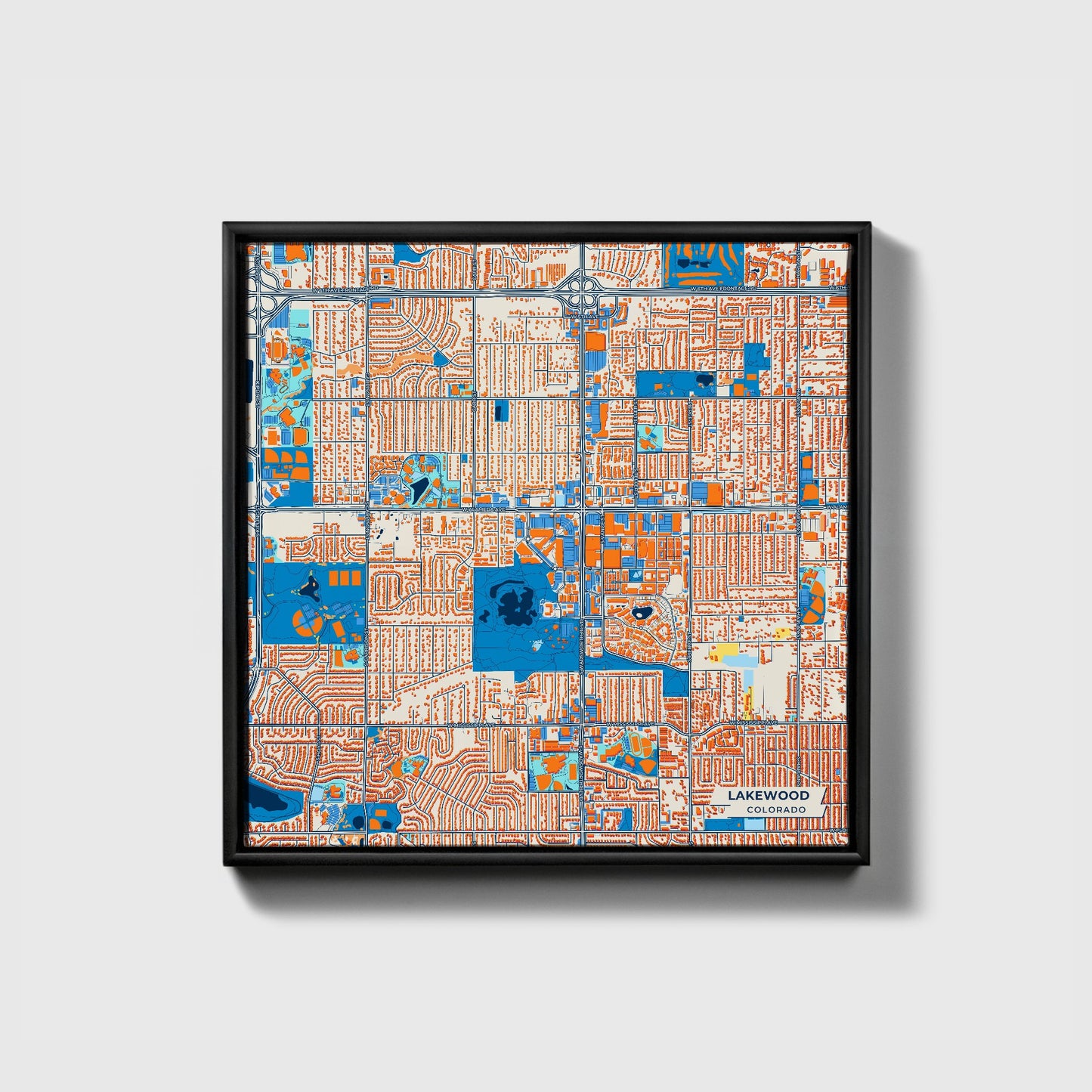 Lakewood Colorado Colorful City Map Canvas Print • Black Framed