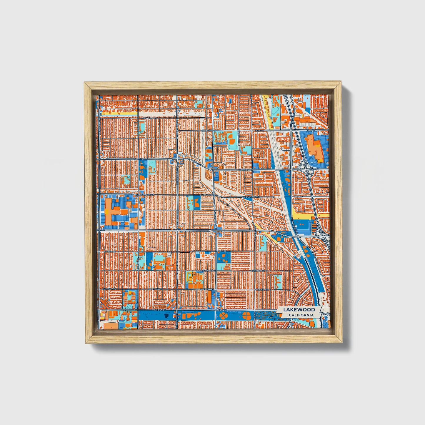 Lakewood California Colorful City Map Canvas Print • Natural Wooden Framed