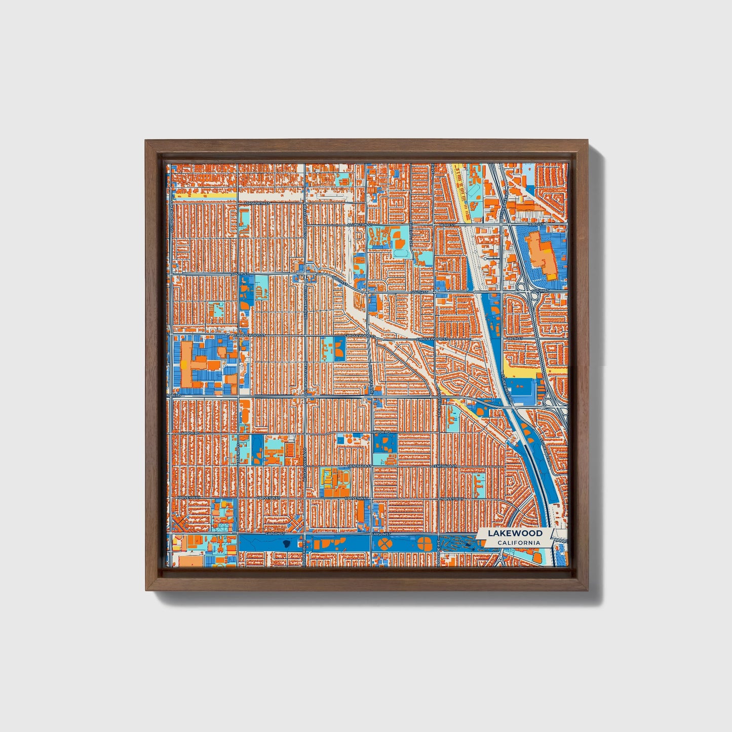 Lakewood California Colorful City Map Canvas Print • Dark Wooden Framed