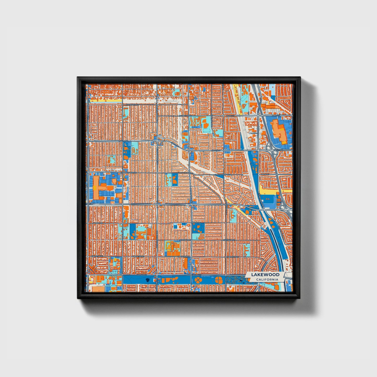 Lakewood California Colorful City Map Canvas Print • Black Framed
