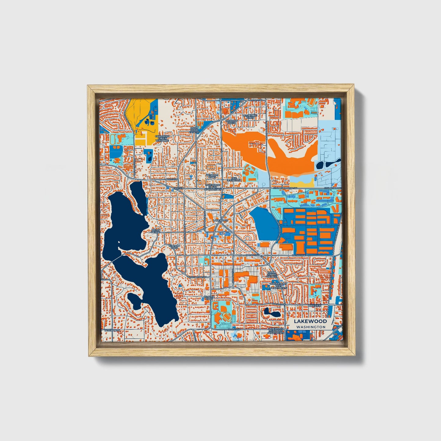 Lakewood Washington Colorful City Map Canvas Print • Natural Wooden Framed
