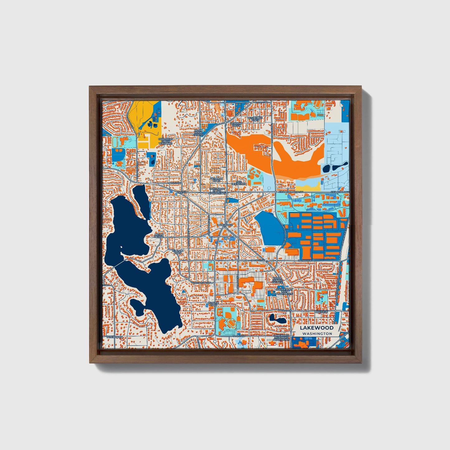 Lakewood Washington Colorful City Map Canvas Print • Dark Wooden Framed