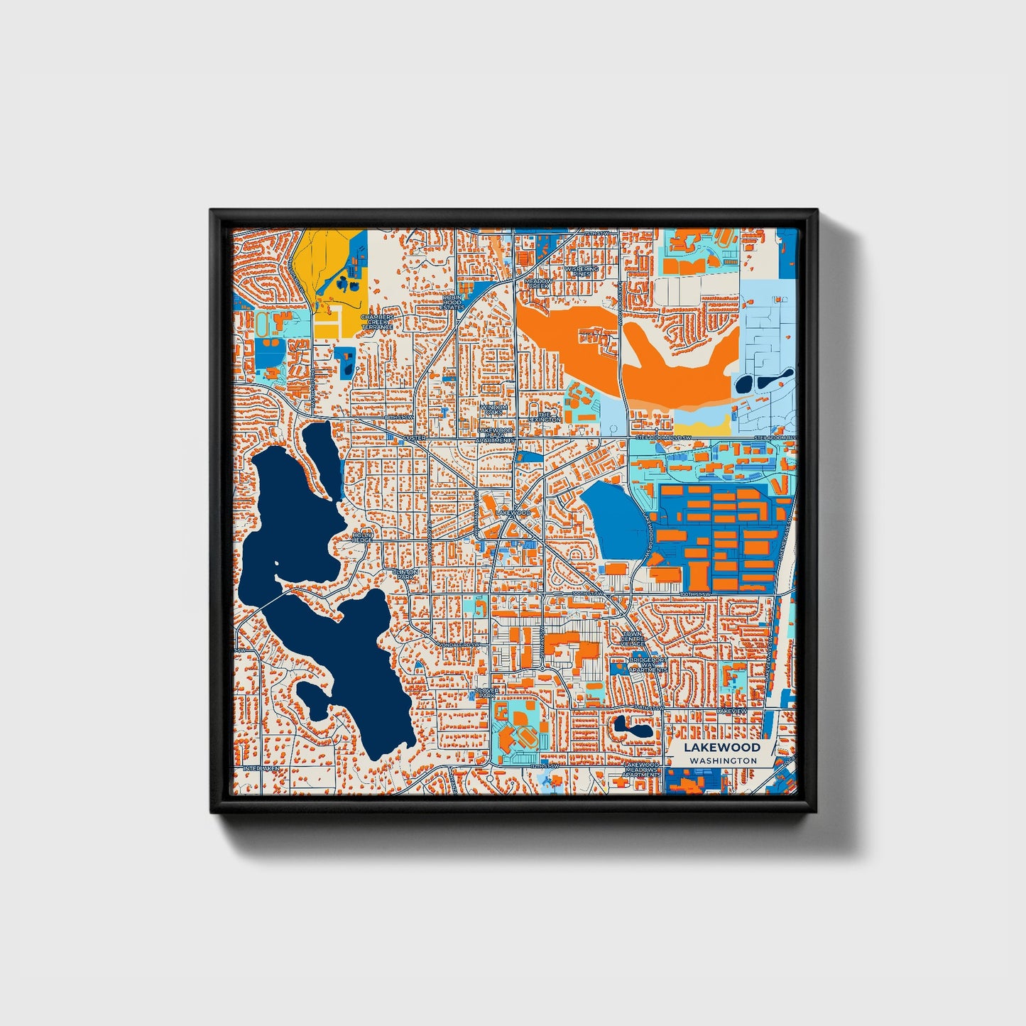 Lakewood Washington Colorful City Map Canvas Print • Black Framed