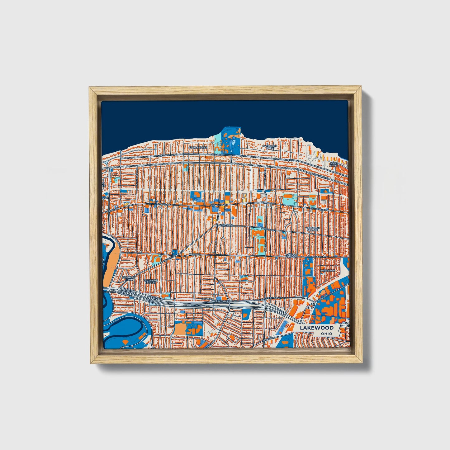 Lakewood Ohio Colorful City Map Canvas Print • Natural Wooden Framed